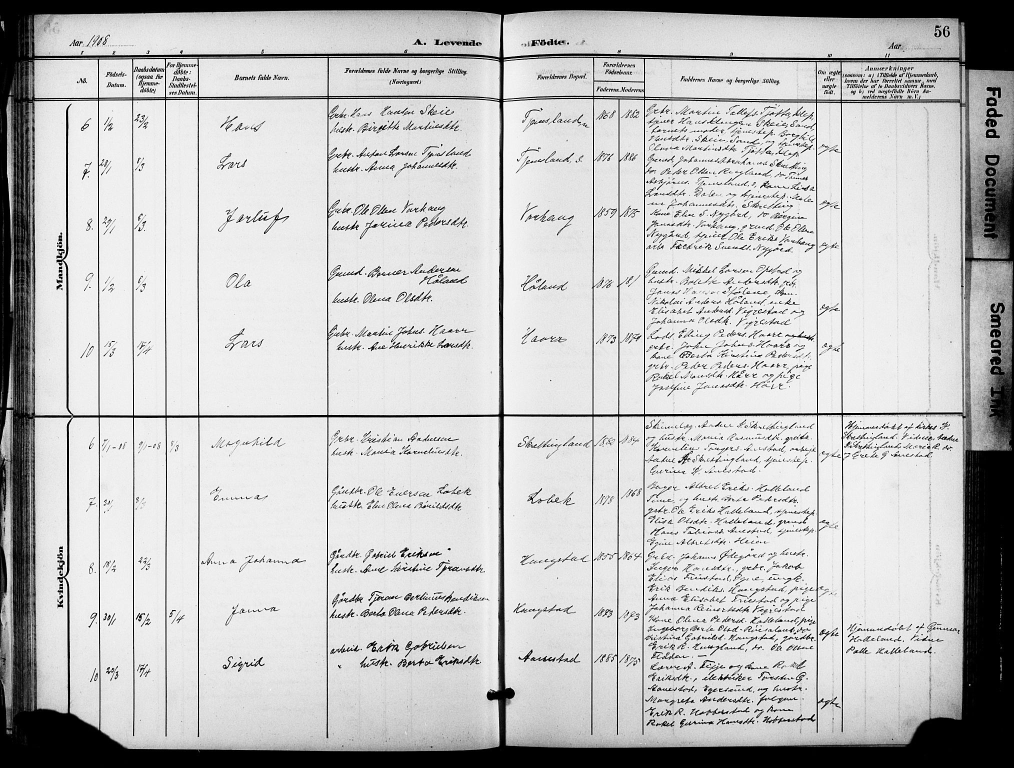 Hå sokneprestkontor, AV/SAST-A-101801/001/30BB/L0006: Parish register (copy) no. B 6, 1900-1924, p. 56