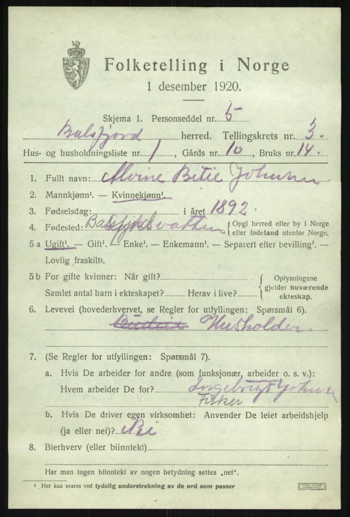 SATØ, 1920 census for Balsfjord, 1920, p. 2122