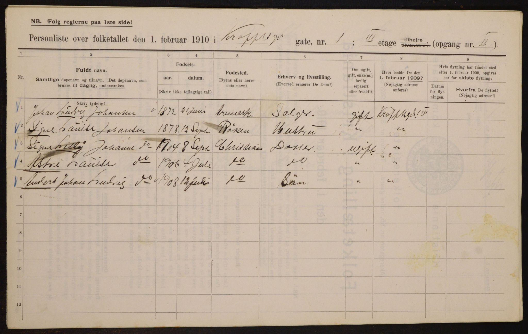 OBA, Municipal Census 1910 for Kristiania, 1910, p. 52325