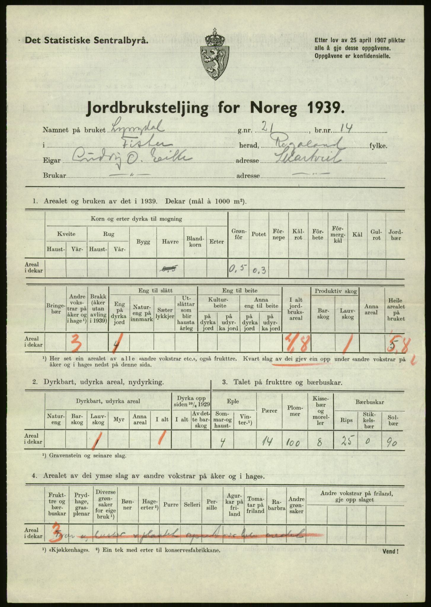 Statistisk sentralbyrå, Næringsøkonomiske emner, Jordbruk, skogbruk, jakt, fiske og fangst, AV/RA-S-2234/G/Gb/L0184: Rogaland: Årdal, Fister og Hjelmeland, 1939, p. 123