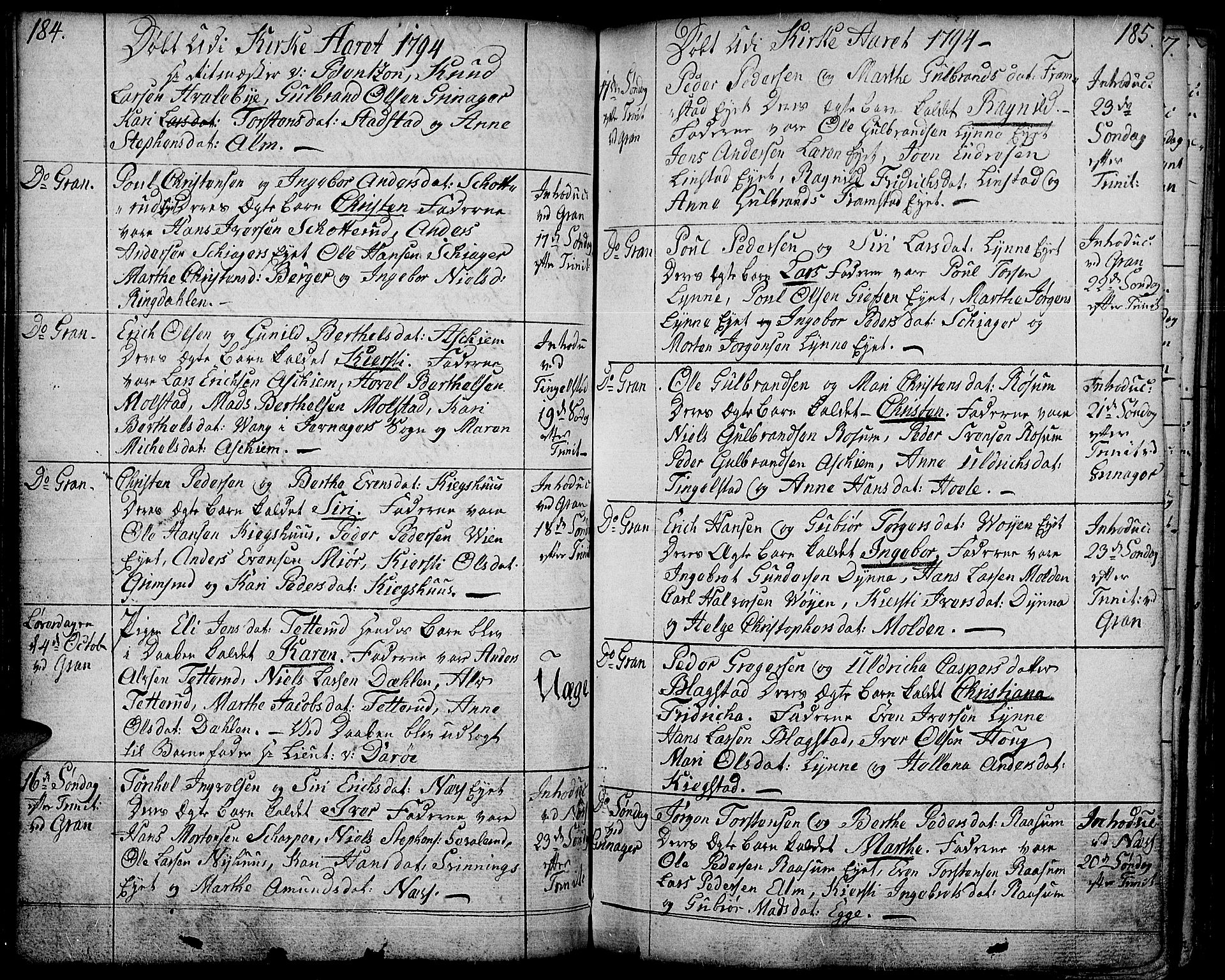 Gran prestekontor, AV/SAH-PREST-112/H/Ha/Haa/L0006: Parish register (official) no. 6, 1787-1824, p. 184-185