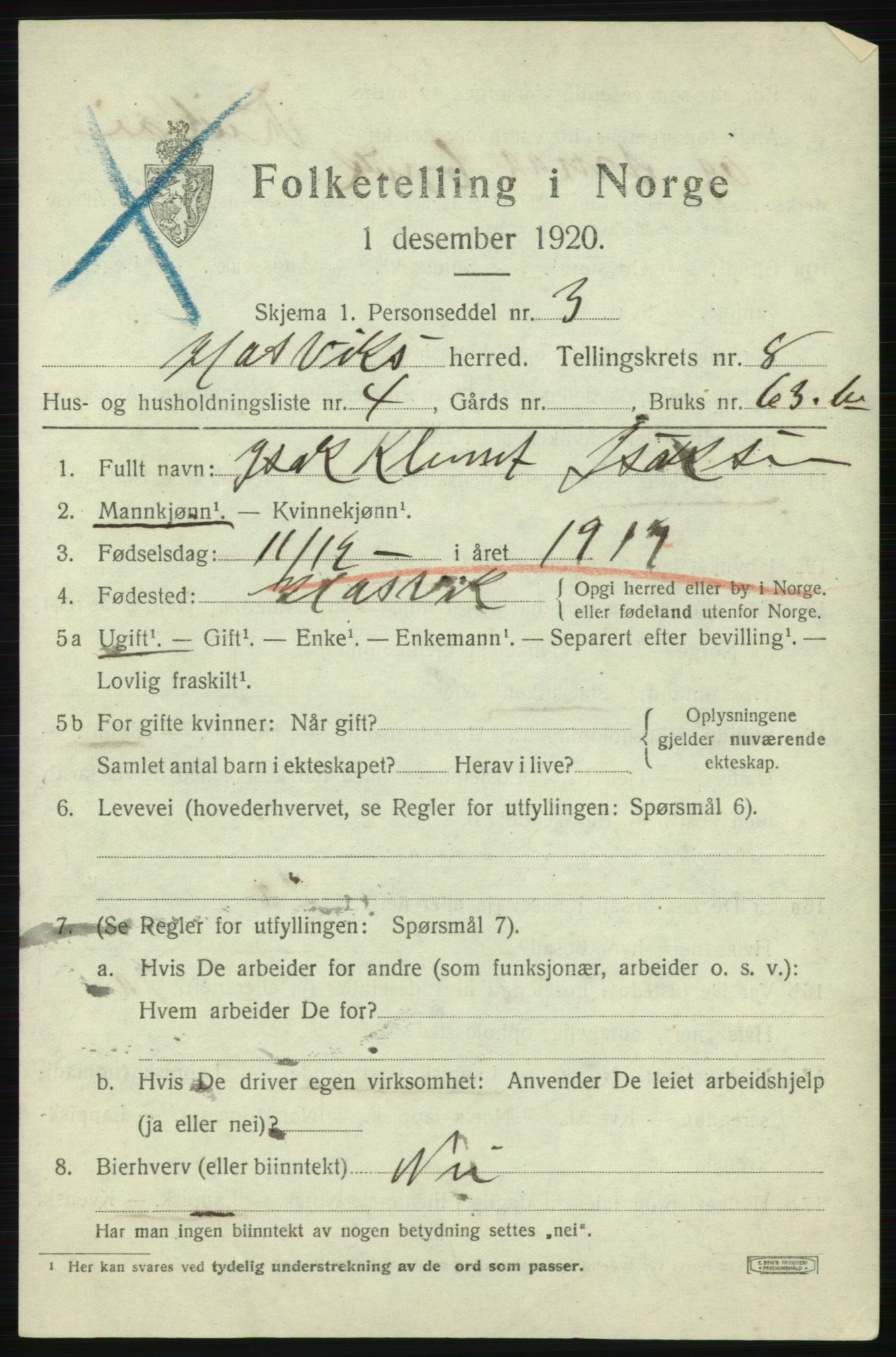 SATØ, 1920 census for Hasvik, 1920, p. 3077