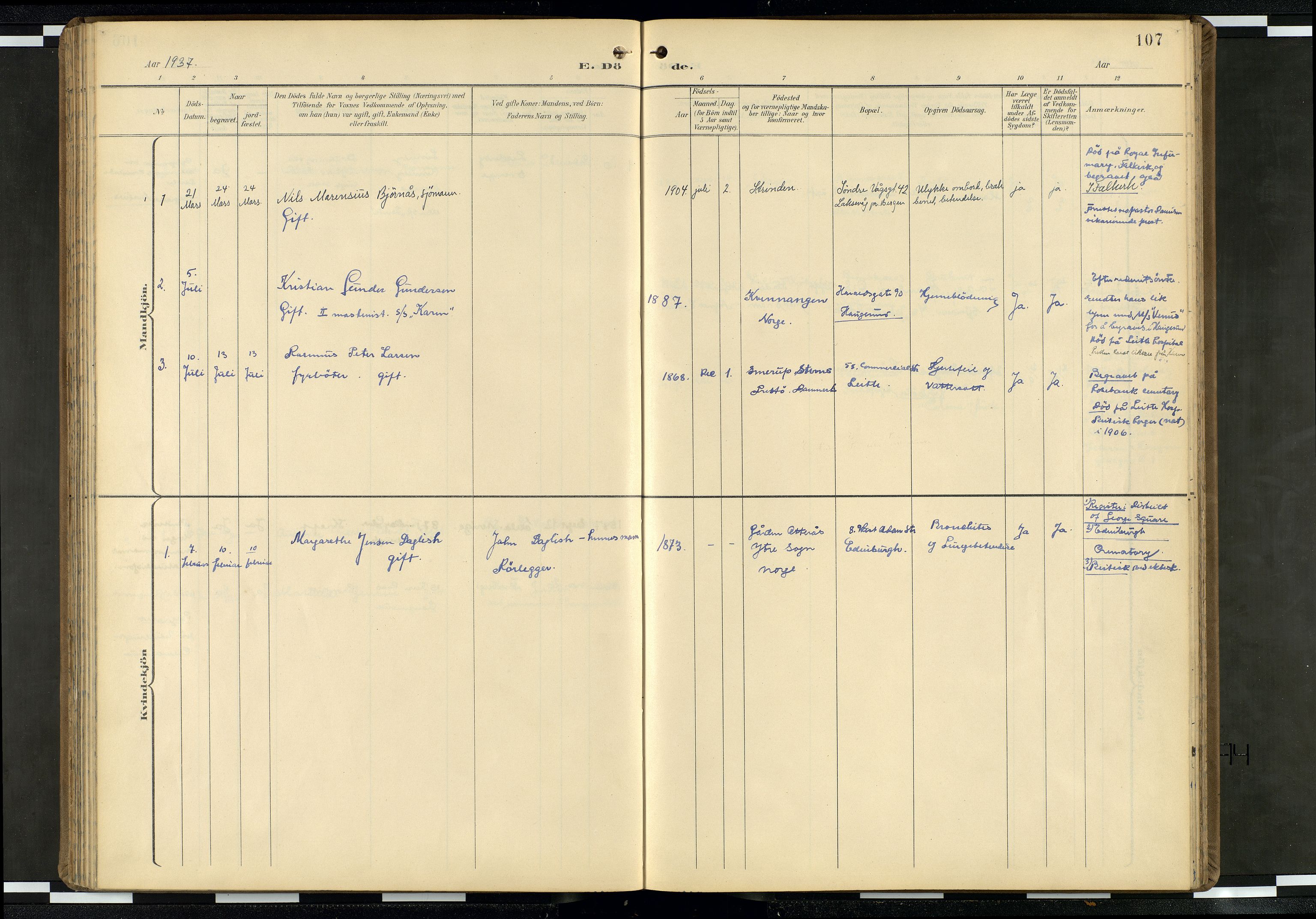 Den norske sjømannsmisjon i utlandet/Skotske havner (Leith, Glasgow), SAB/SAB/PA-0100/H/Ha/Haa/L0004: Parish register (official) no. A 4, 1899-1949, p. 106b-107a