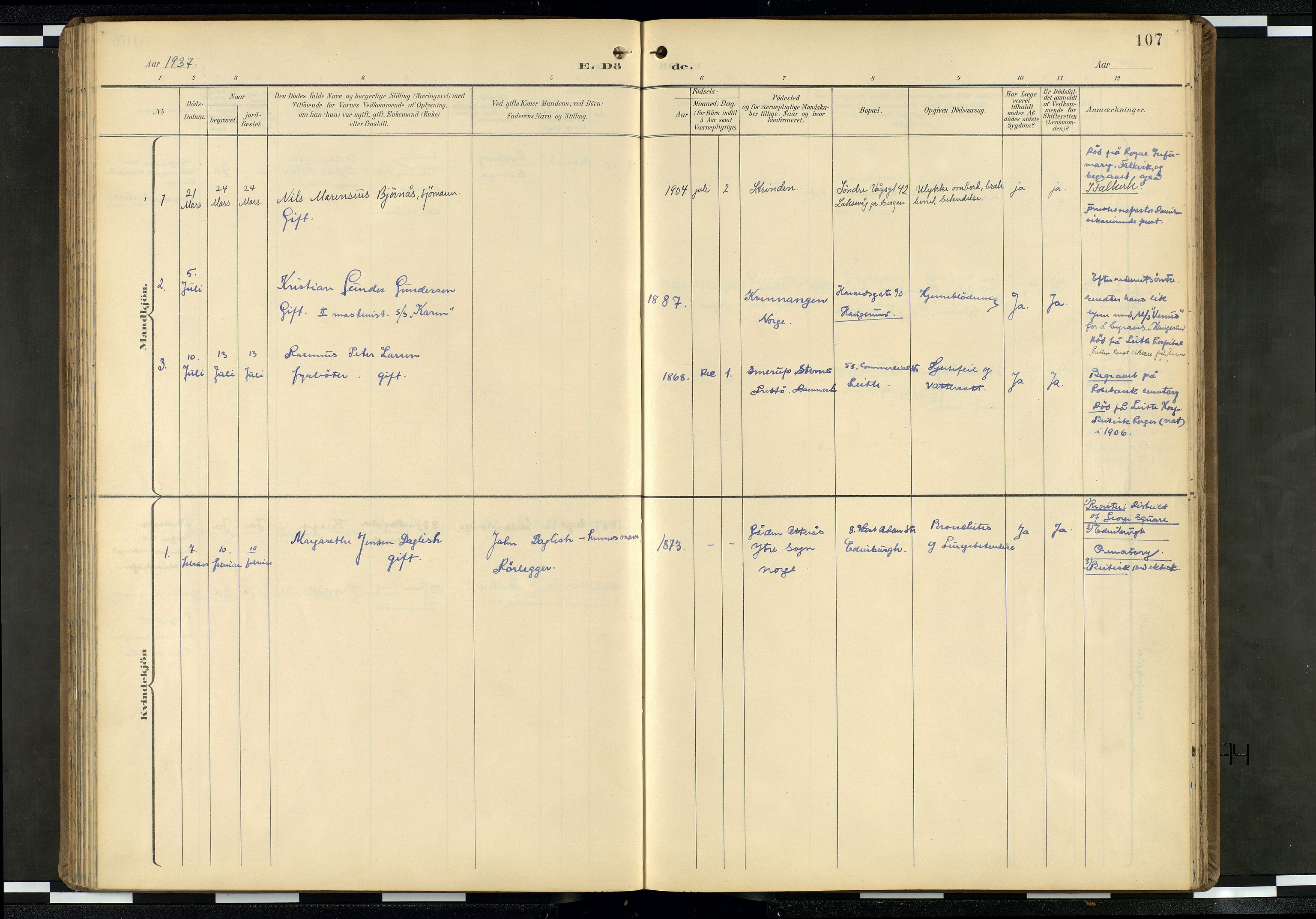Den norske sjømannsmisjon i utlandet/Skotske havner (Leith, Glasgow), AV/SAB-SAB/PA-0100/H/Ha/Haa/L0004: Parish register (official) no. A 4, 1899-1949, p. 106b-107a