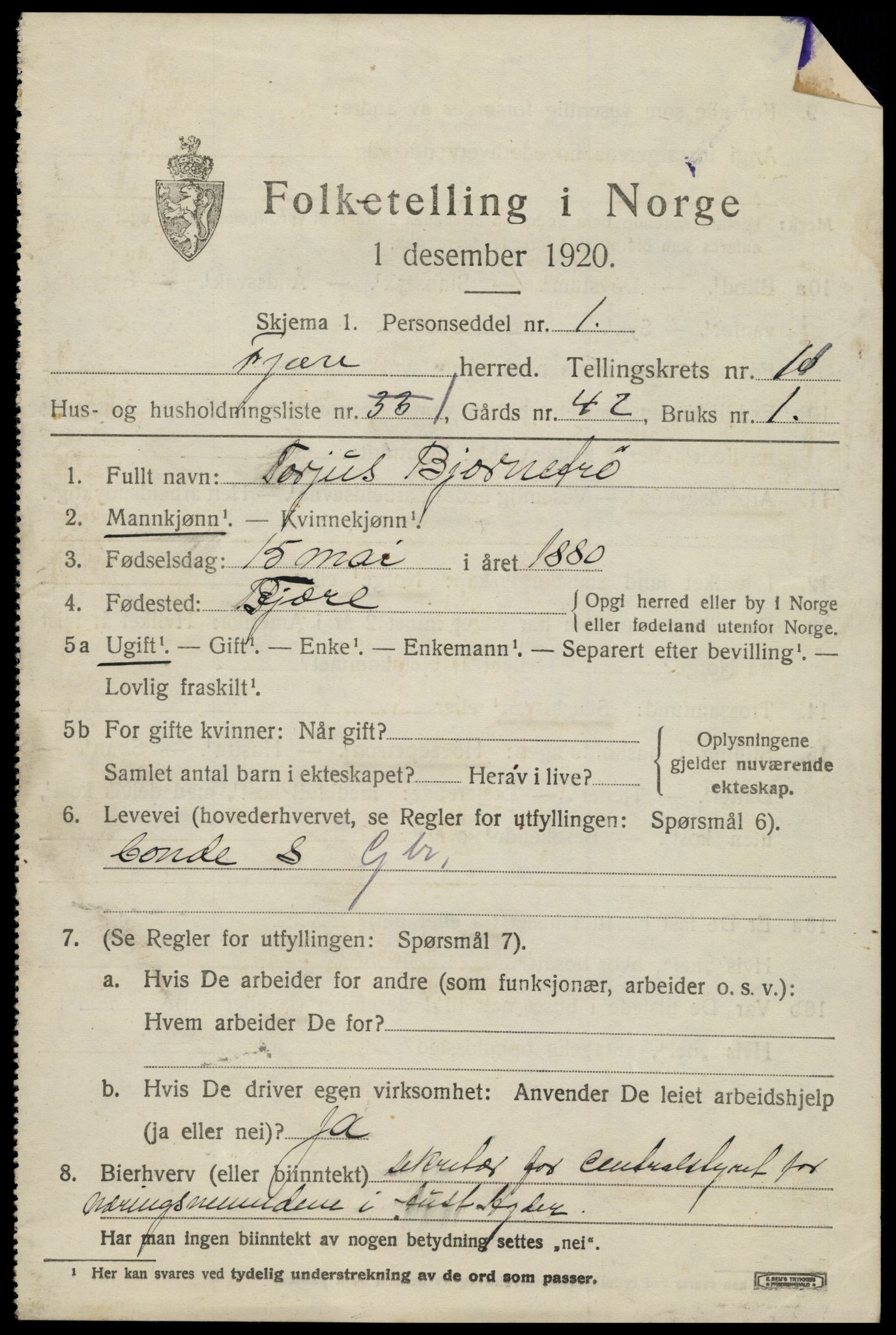 SAK, 1920 census for Fjære, 1920, p. 11727