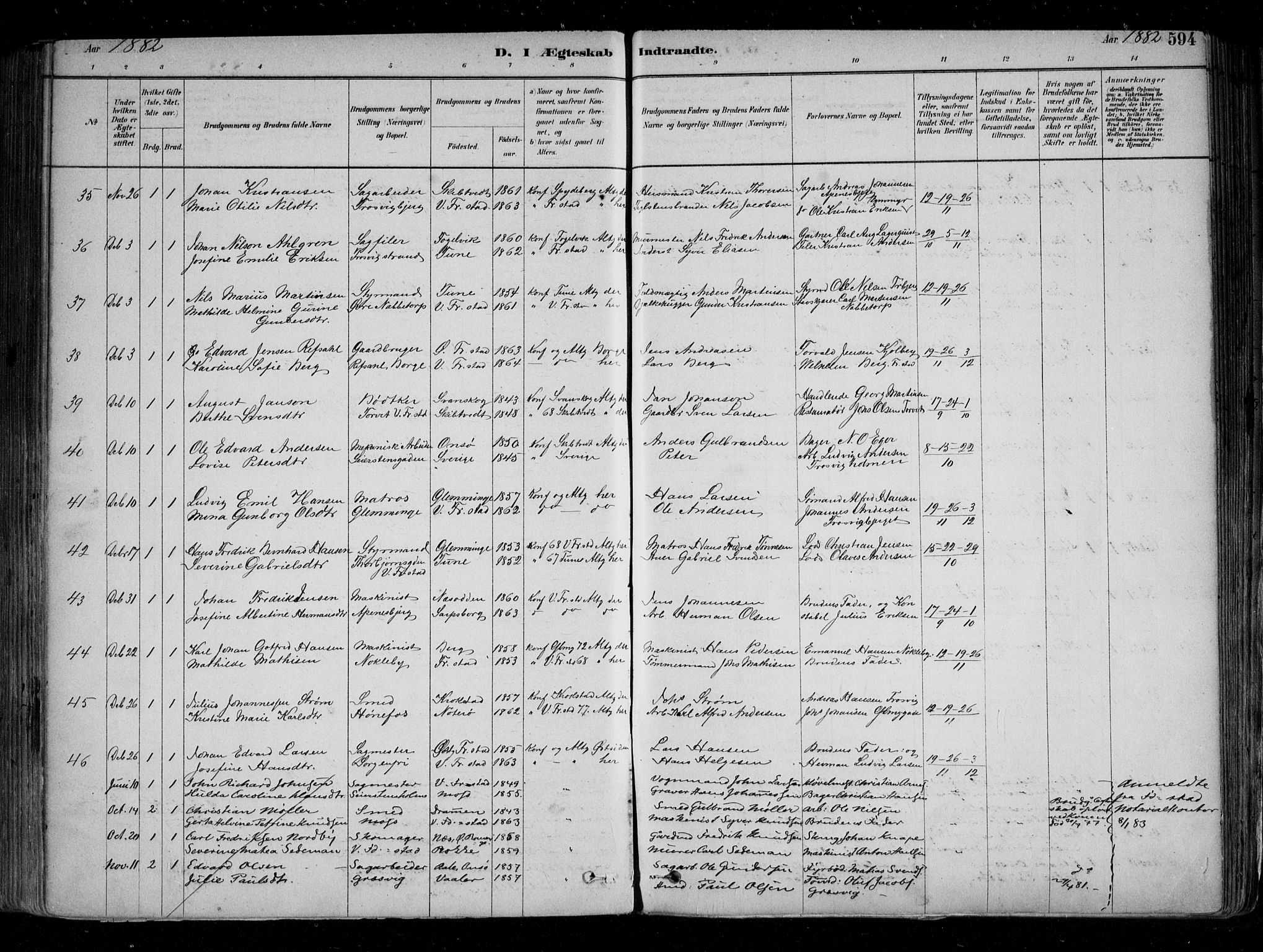 Fredrikstad domkirkes prestekontor Kirkebøker, SAO/A-10906/F/Fa/L0004: Parish register (official) no. 4, 1878-1907, p. 594