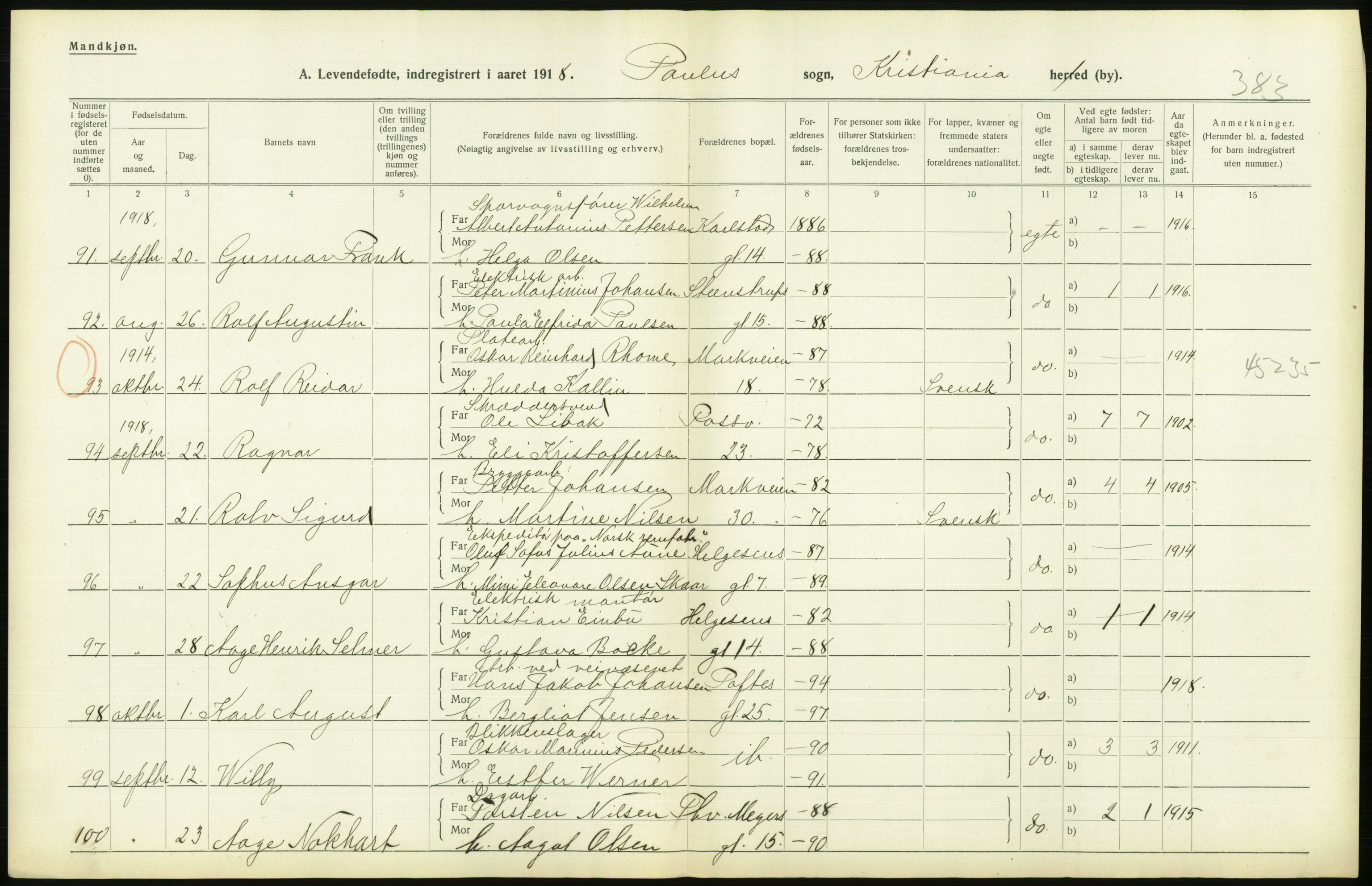 Statistisk sentralbyrå, Sosiodemografiske emner, Befolkning, AV/RA-S-2228/D/Df/Dfb/Dfbh/L0008: Kristiania: Levendefødte menn og kvinner., 1918, p. 648