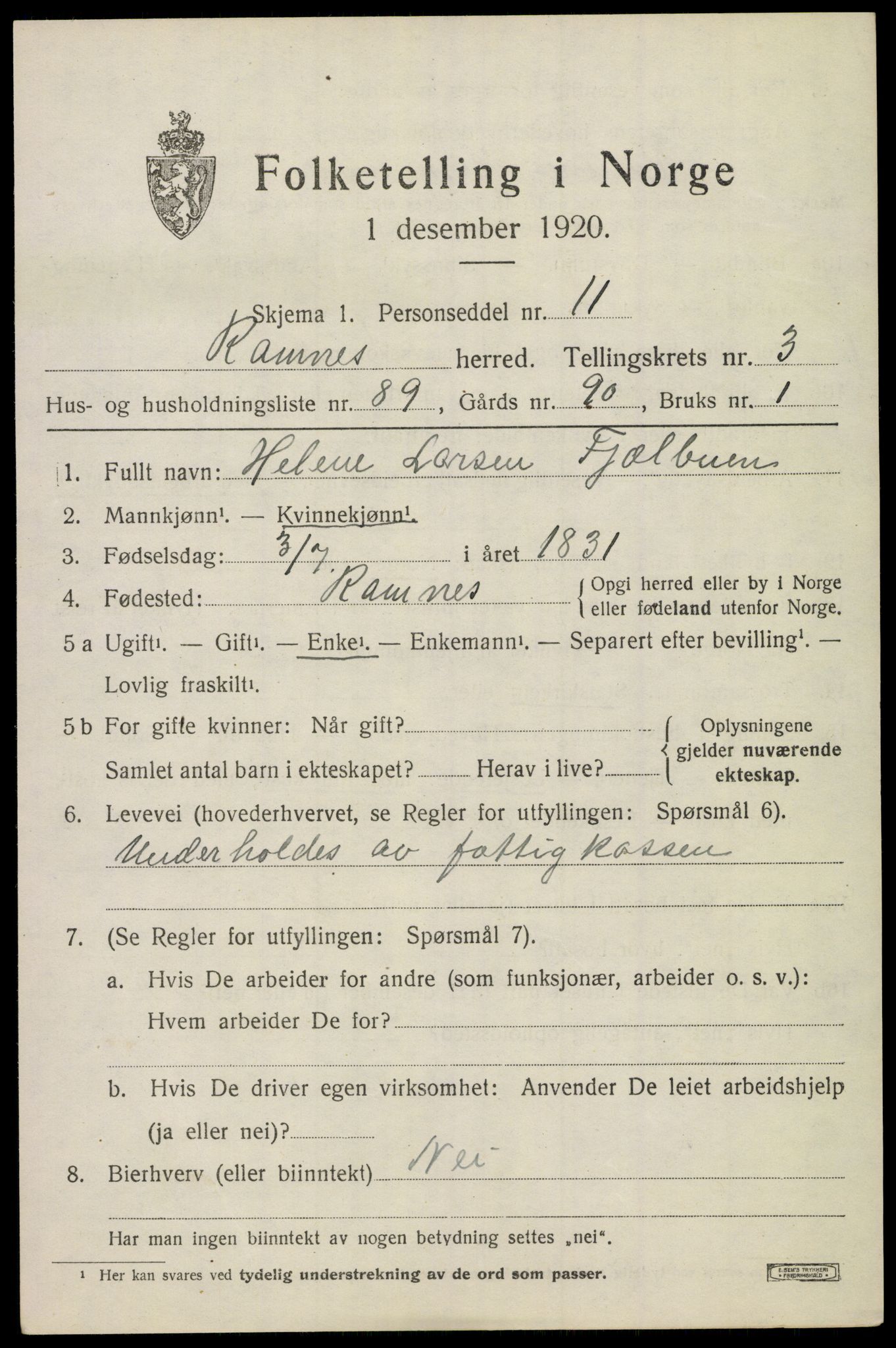 SAKO, 1920 census for Ramnes, 1920, p. 4284