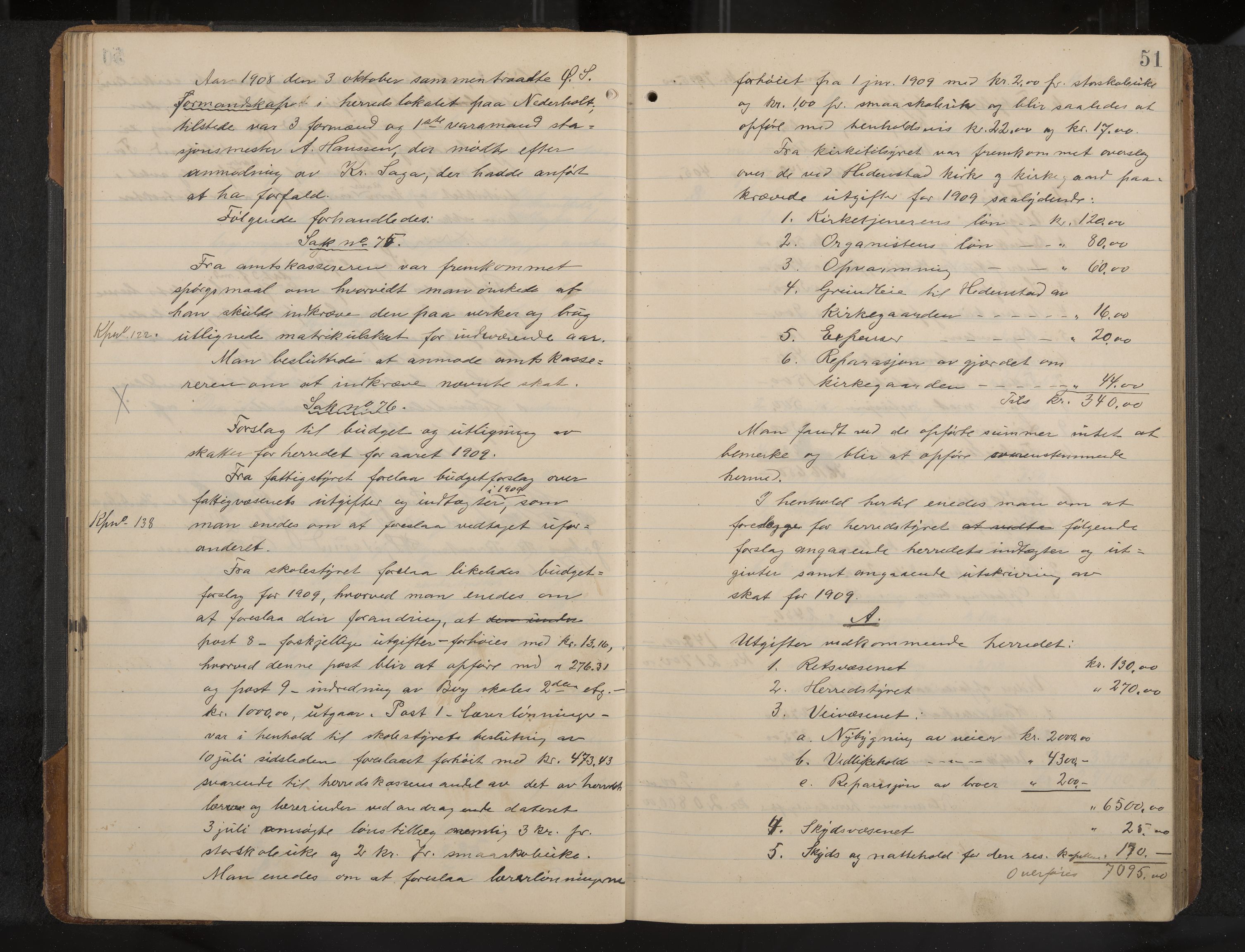 Øvre Sandsvær formannskap og sentraladministrasjon, IKAK/0630021/A/L0001: Møtebok med register, 1908-1913, p. 51