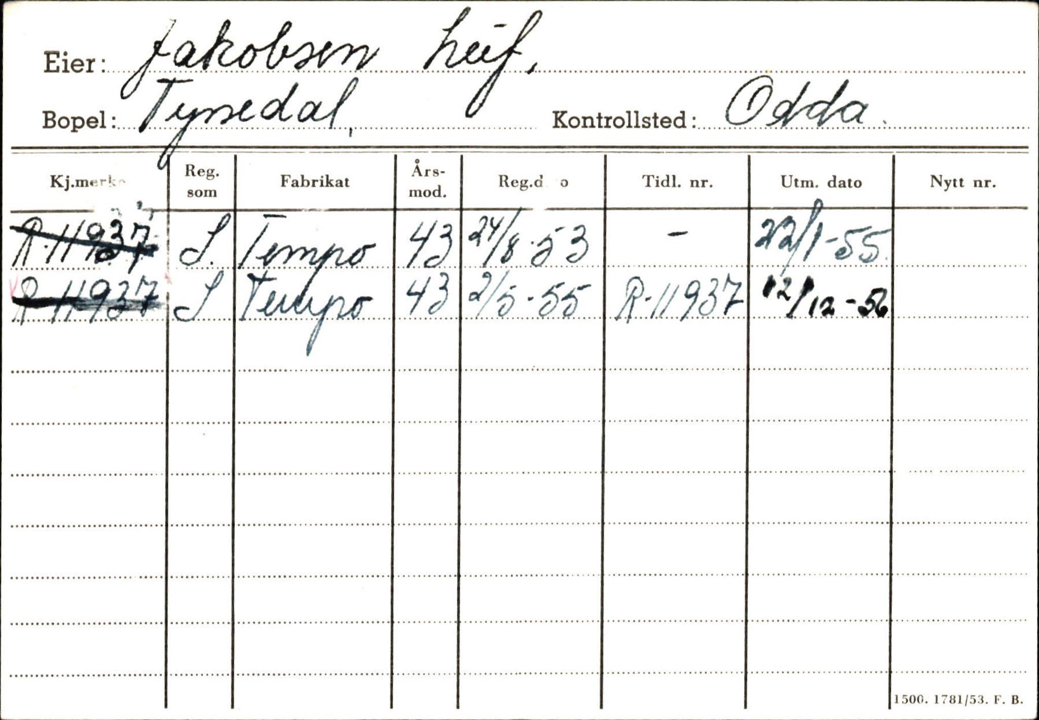 Statens vegvesen, Hordaland vegkontor, AV/SAB-A-5201/2/Hc/L0002: Eierkort Hardanger - I-P, 1928-1960, p. 30