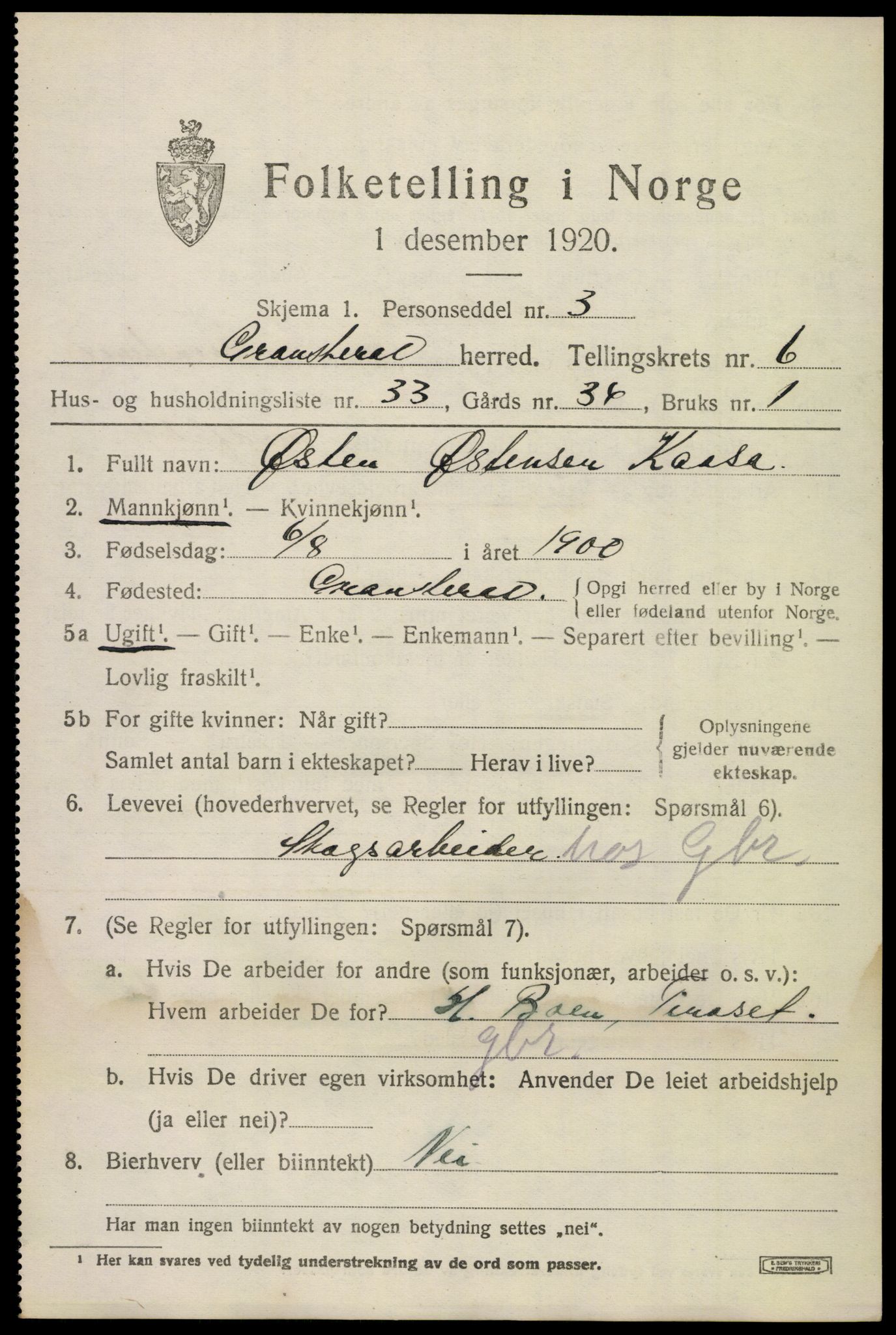 SAKO, 1920 census for Gransherad, 1920, p. 2712