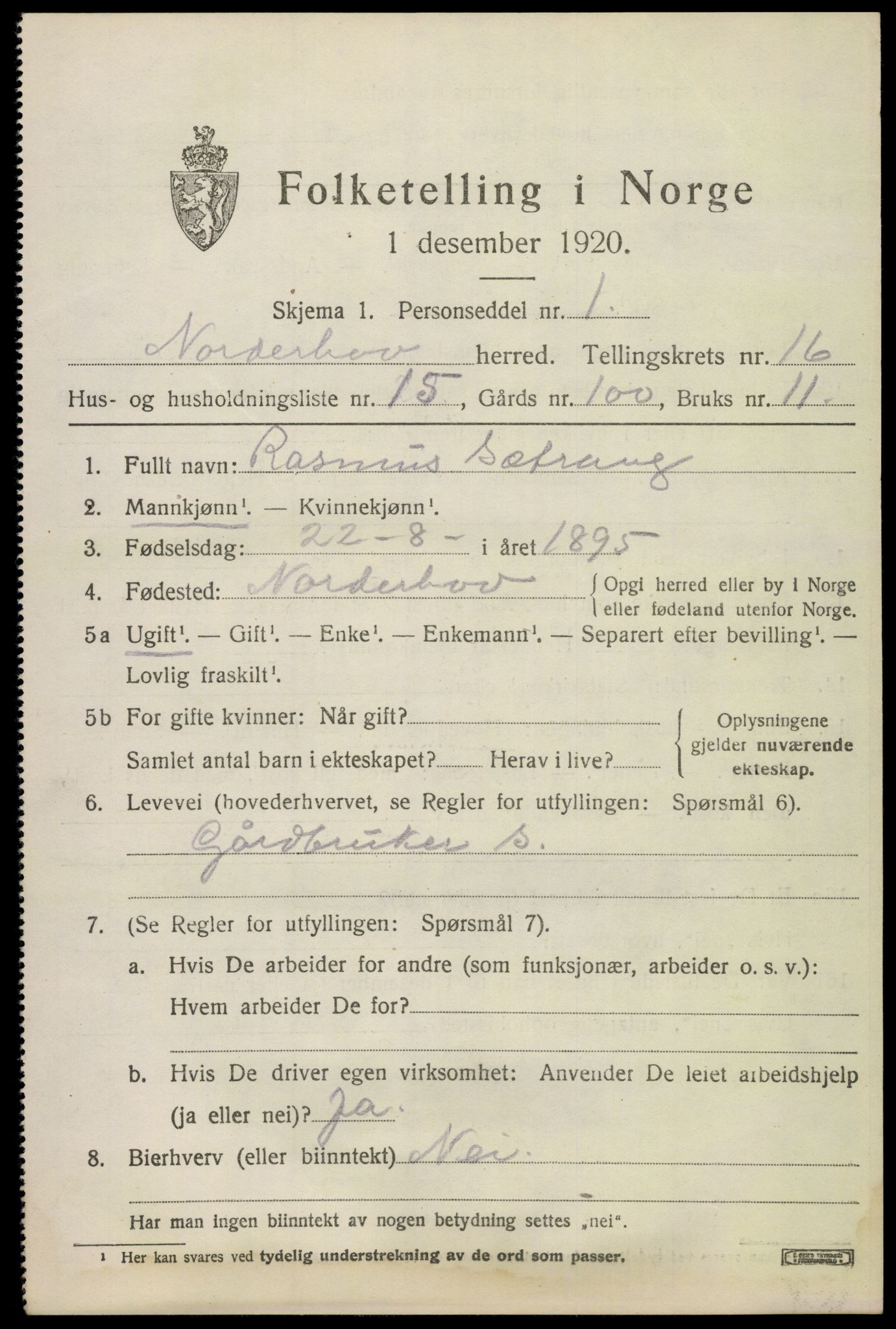 SAKO, 1920 census for Norderhov, 1920, p. 17806