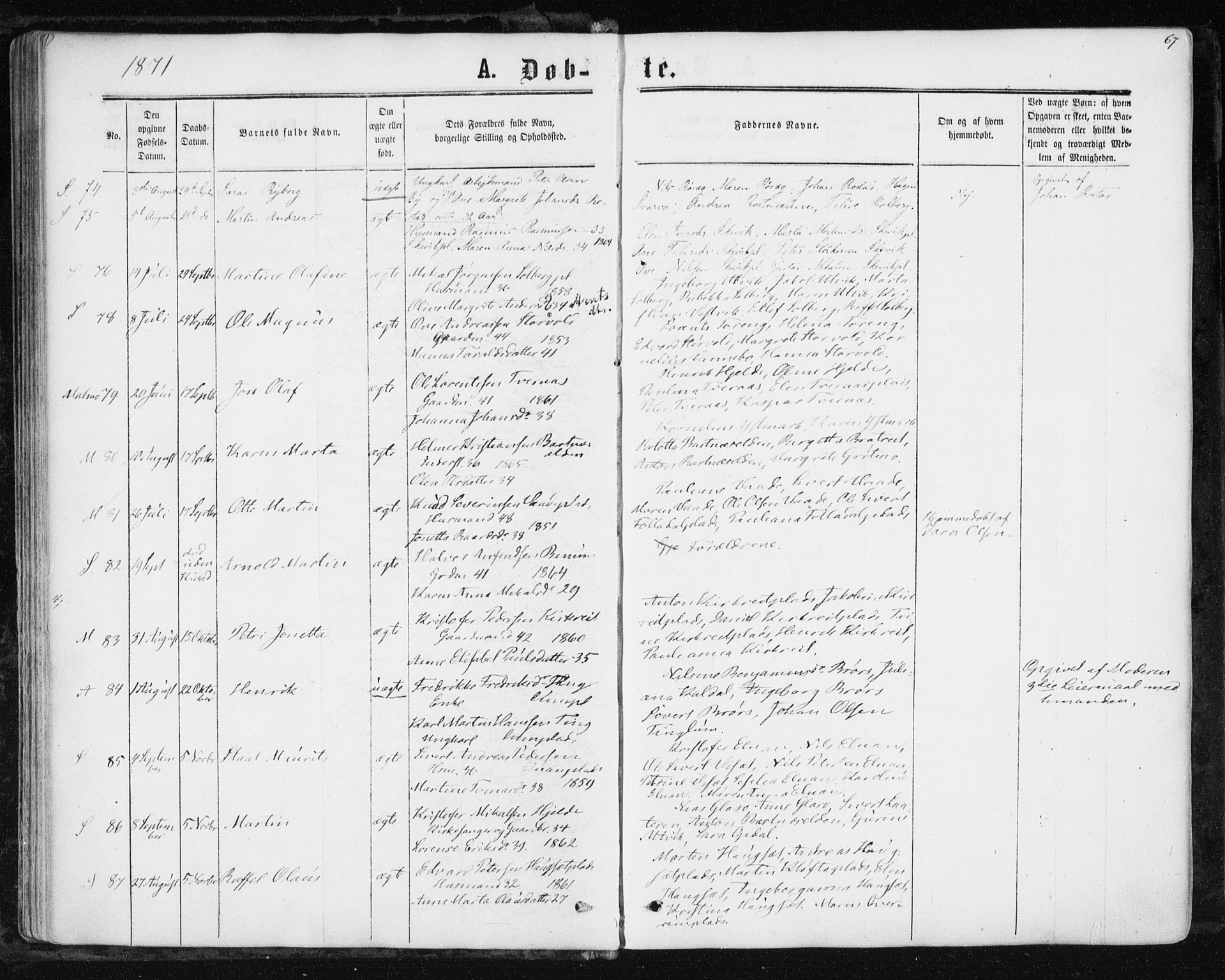 Ministerialprotokoller, klokkerbøker og fødselsregistre - Nord-Trøndelag, AV/SAT-A-1458/741/L0394: Parish register (official) no. 741A08, 1864-1877, p. 67