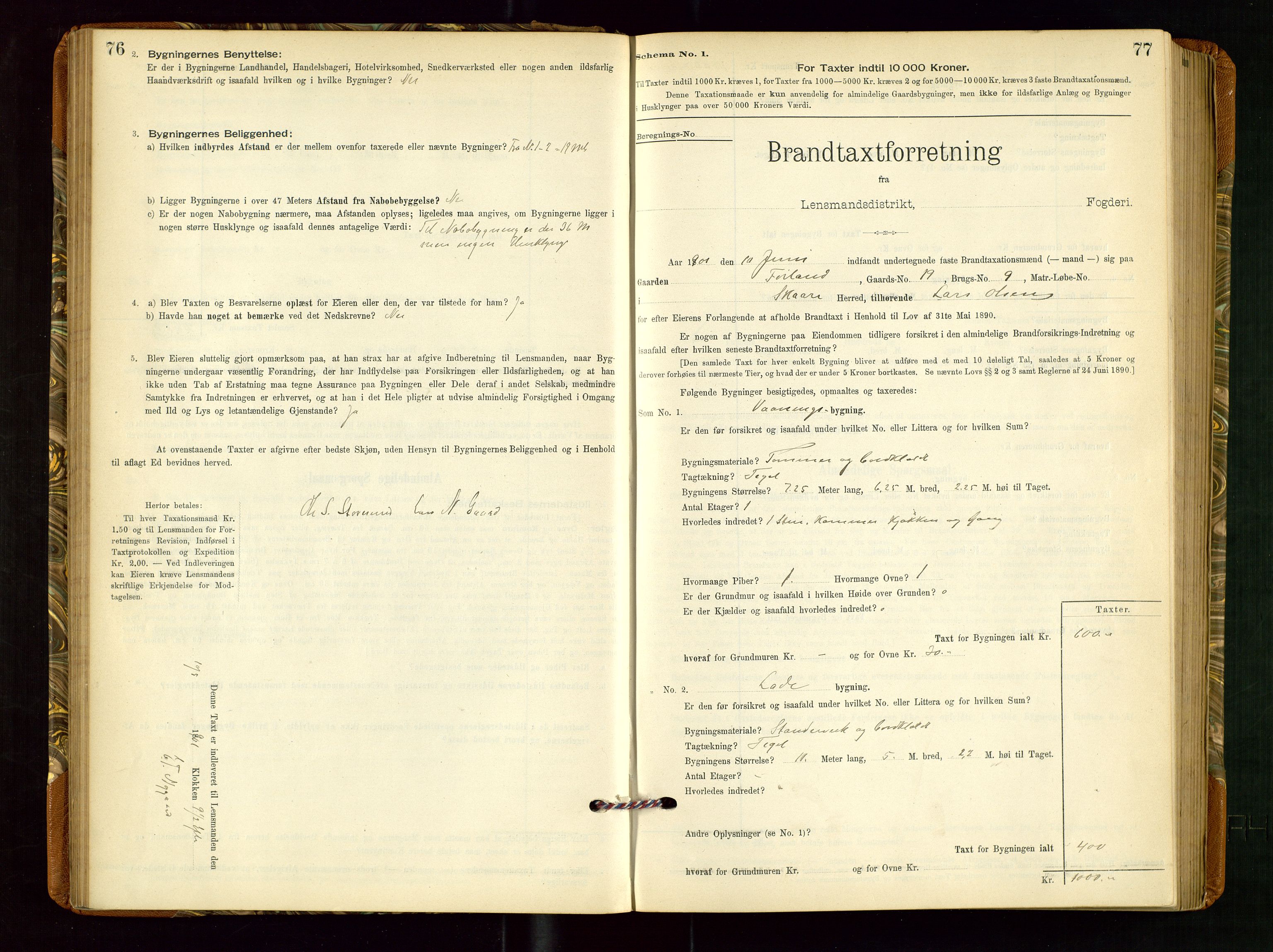 Torvestad lensmannskontor, AV/SAST-A-100307/1/Gob/L0002: "Brandtakstprotokol for Lensmanden i Torvestad", 1900-1905, p. 76-77