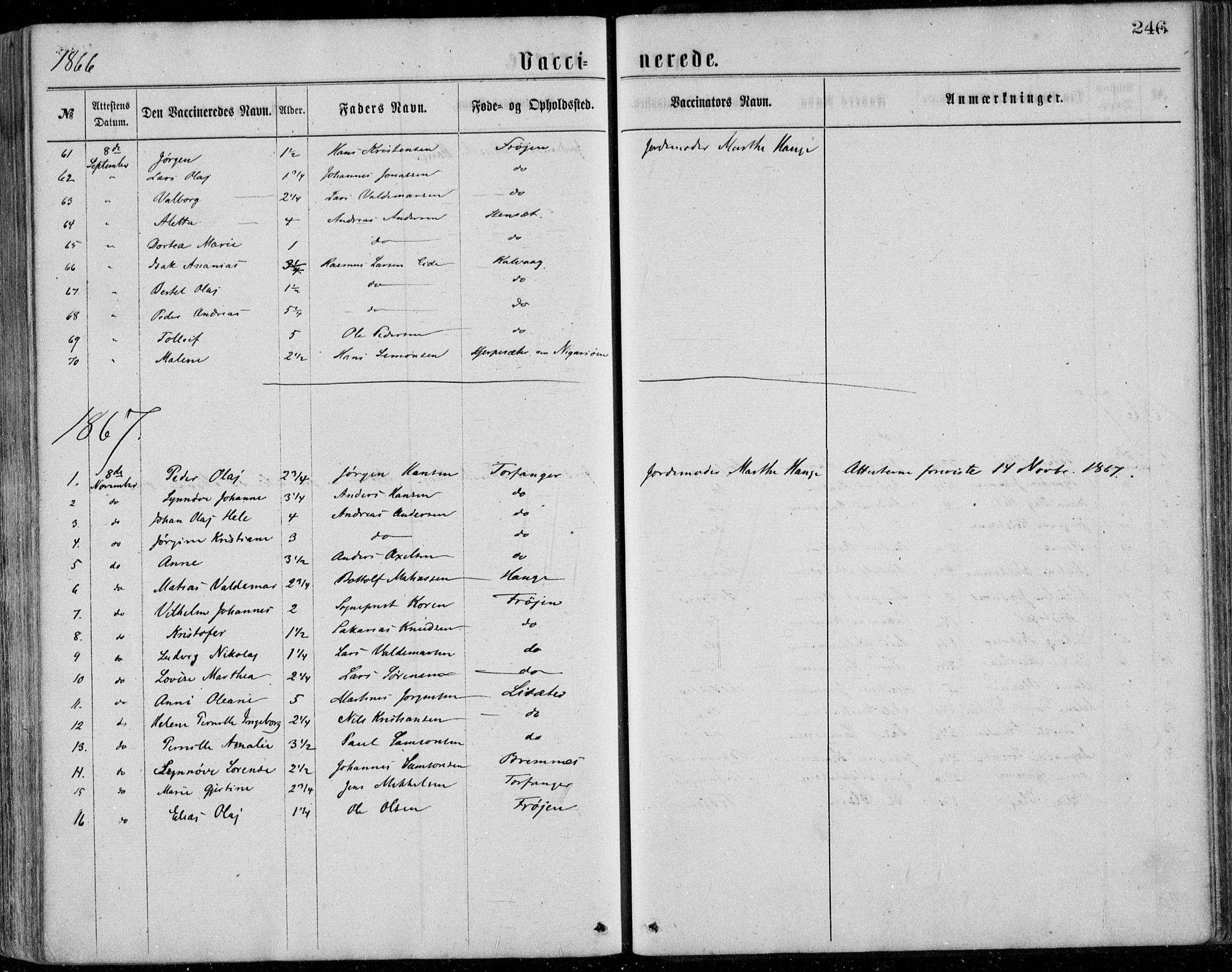 Bremanger sokneprestembete, SAB/A-82201/H/Haa/Haaa/L0001: Parish register (official) no. A  1, 1864-1883, p. 246
