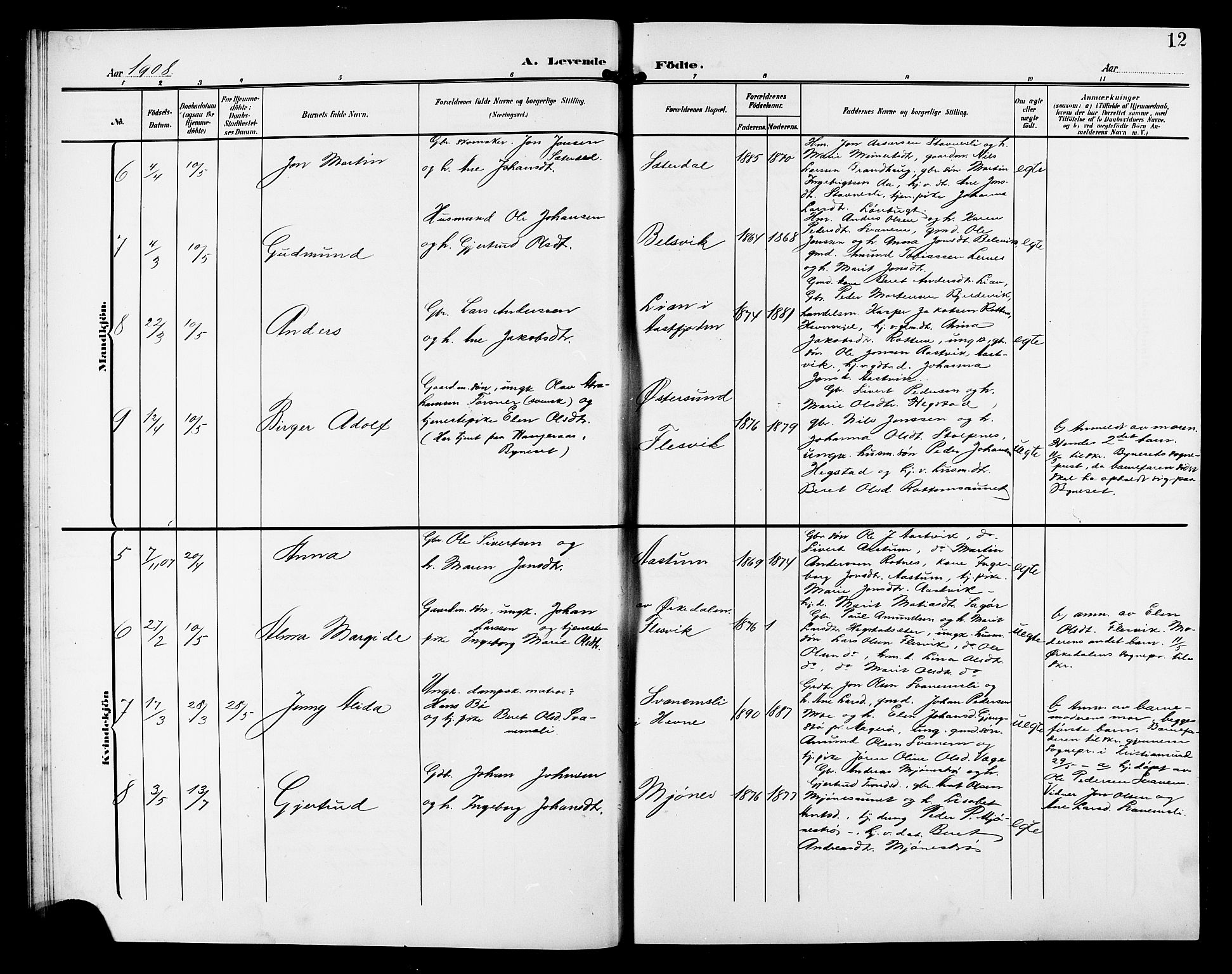 Ministerialprotokoller, klokkerbøker og fødselsregistre - Sør-Trøndelag, SAT/A-1456/633/L0520: Parish register (copy) no. 633C02, 1906-1921, p. 12