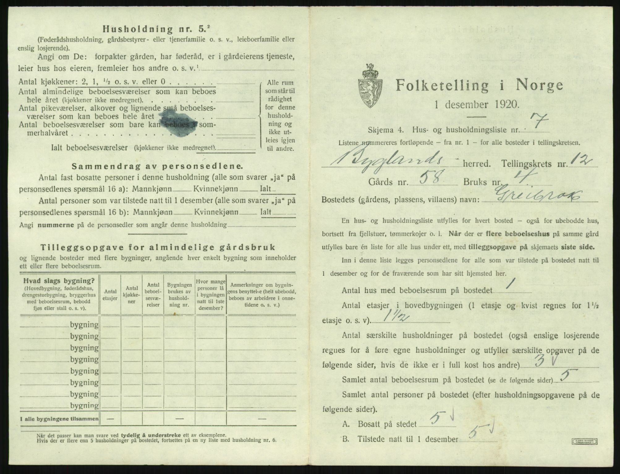 SAK, 1920 census for Bygland, 1920, p. 723