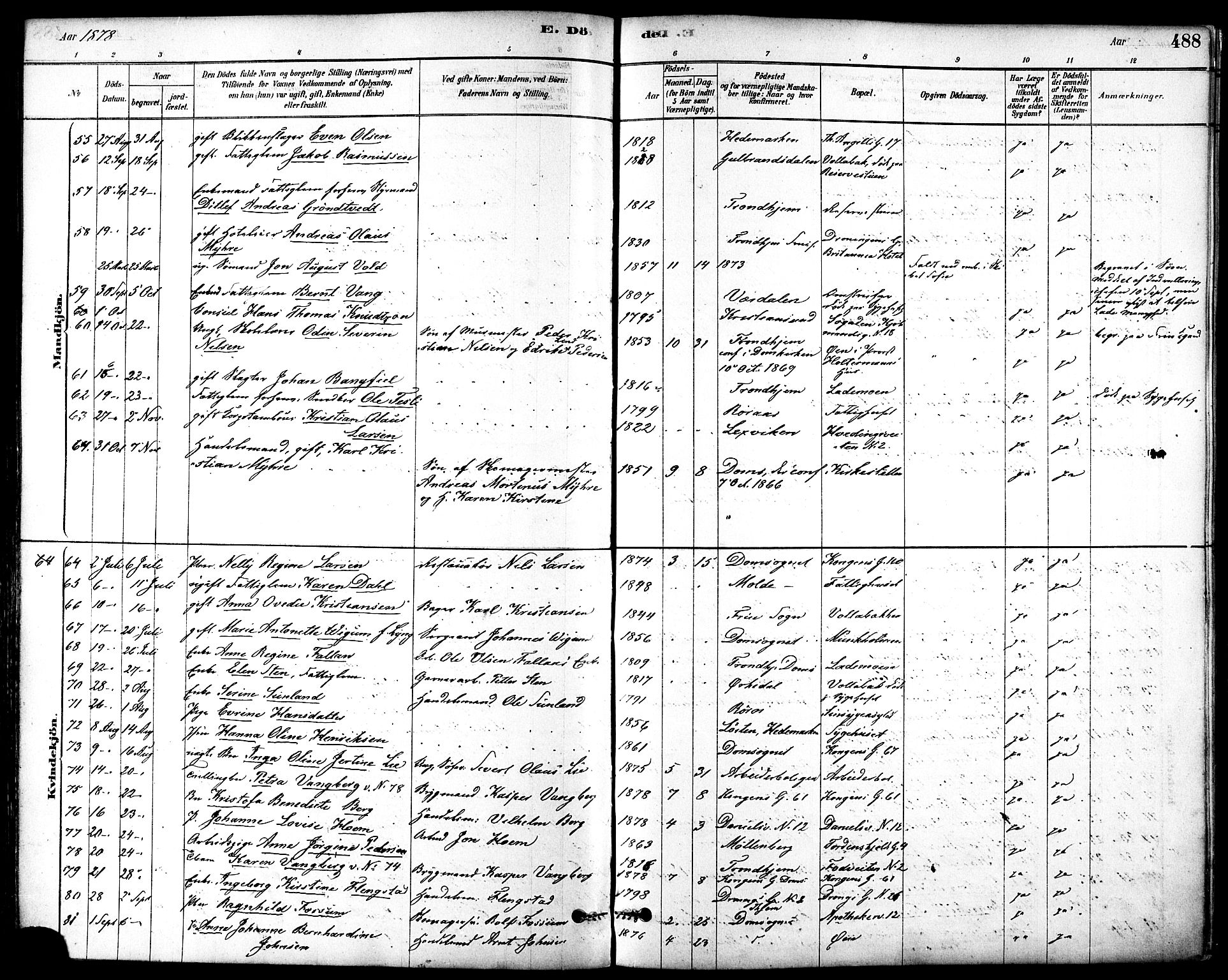 Ministerialprotokoller, klokkerbøker og fødselsregistre - Sør-Trøndelag, SAT/A-1456/601/L0058: Parish register (official) no. 601A26, 1877-1891, p. 488