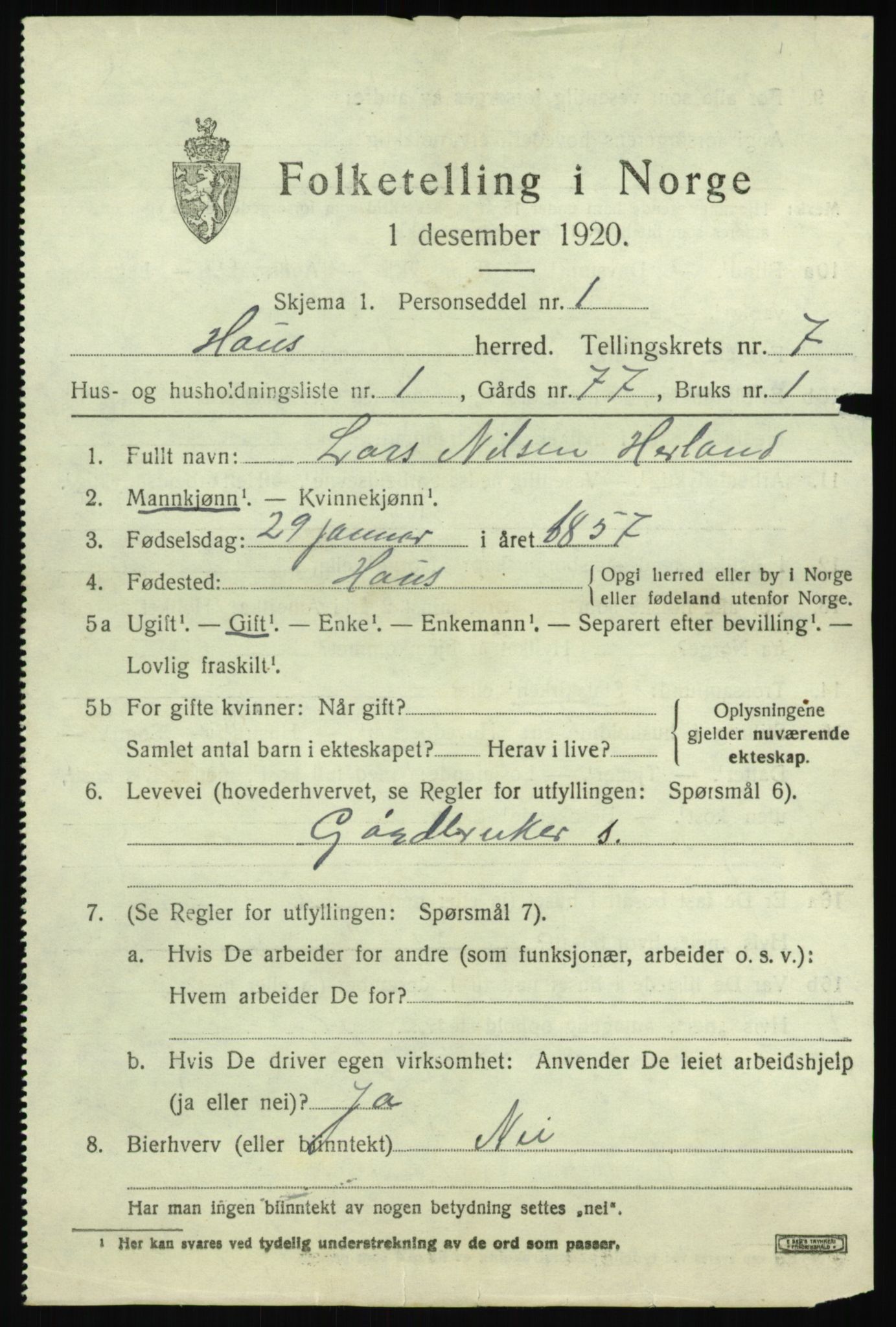 SAB, 1920 census for Haus, 1920, p. 4149