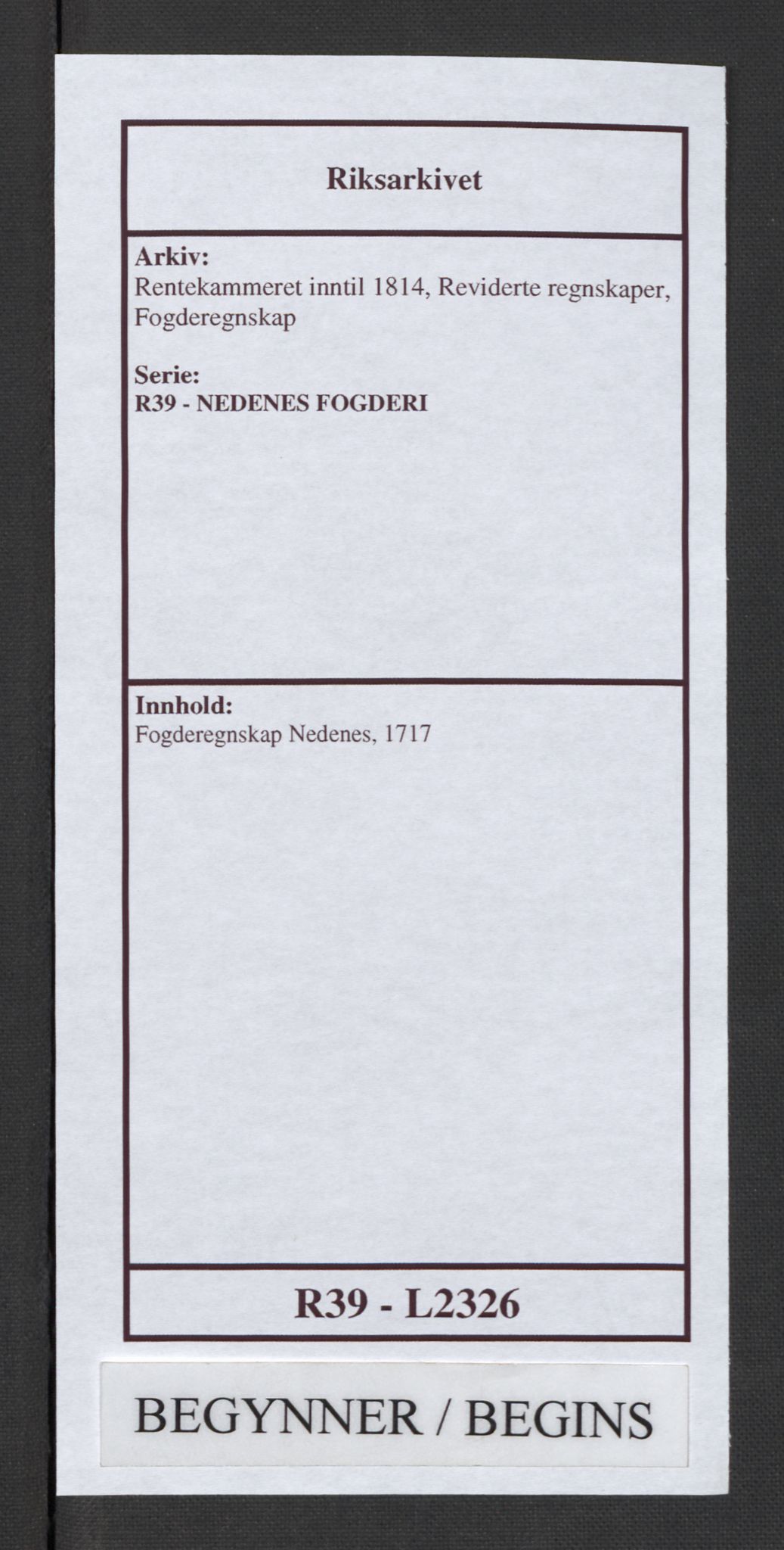 Rentekammeret inntil 1814, Reviderte regnskaper, Fogderegnskap, AV/RA-EA-4092/R39/L2326: Fogderegnskap Nedenes, 1717, p. 1