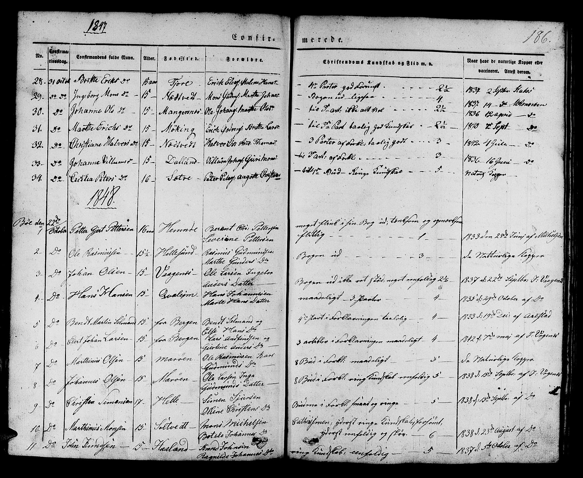 Manger sokneprestembete, SAB/A-76801/H/Haa: Parish register (official) no. A 5, 1839-1848, p. 186
