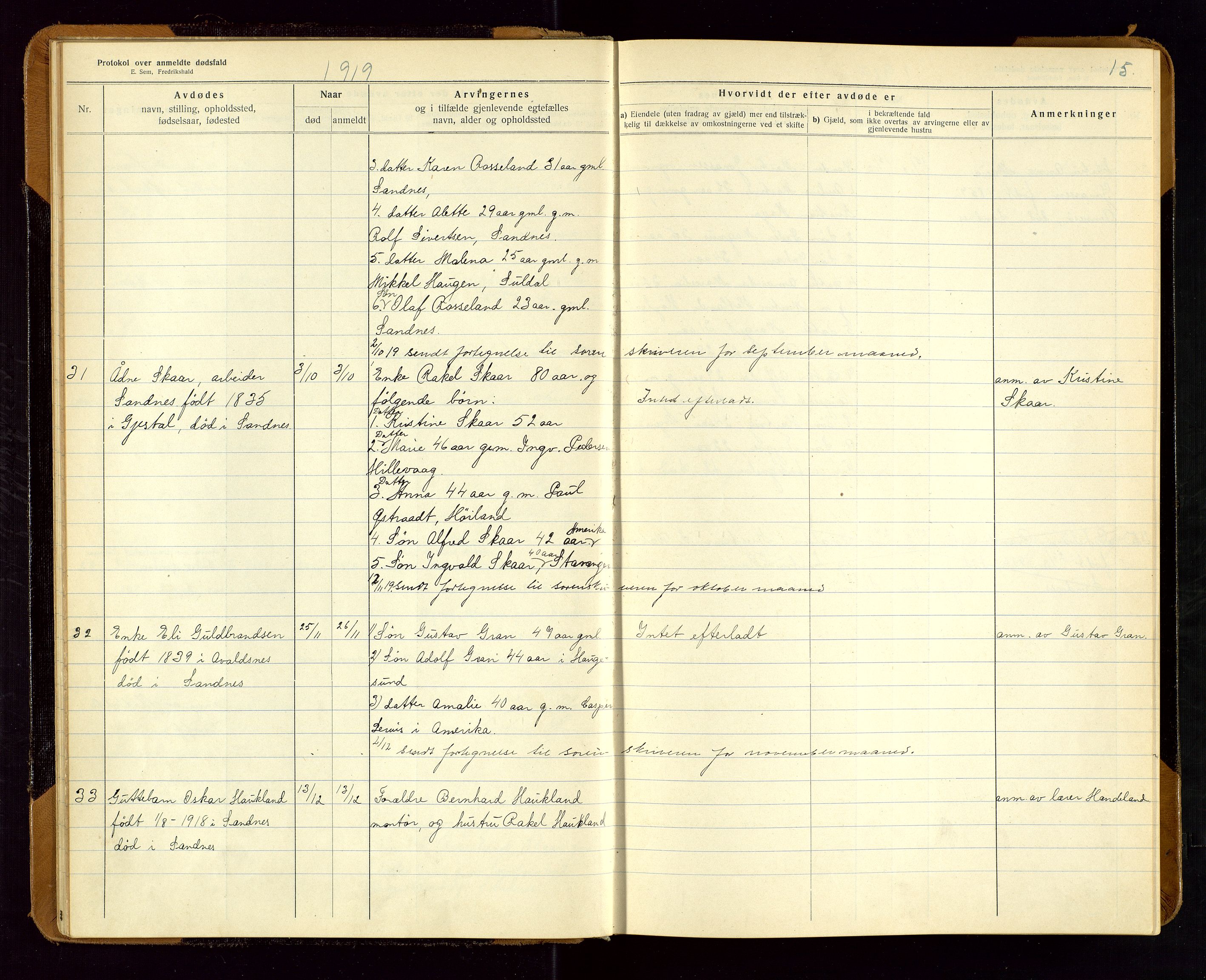 Sandnes lensmannskontor, SAST/A-100167/Gga/L0001: "Protokol over anmeldte dødsfald" m/register, 1918-1940, p. 15