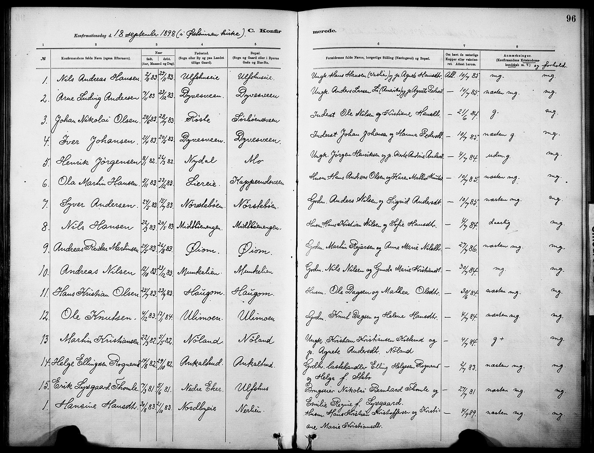 Nordre Land prestekontor, SAH/PREST-124/H/Ha/Haa/L0005: Parish register (official) no. 5, 1882-1903, p. 96