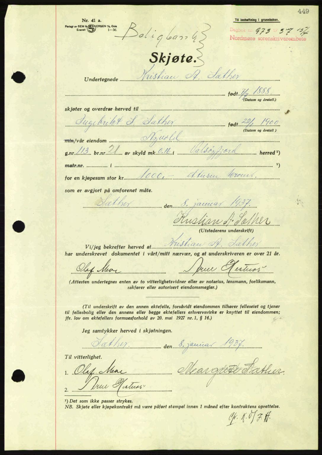 Nordmøre sorenskriveri, AV/SAT-A-4132/1/2/2Ca: Mortgage book no. A81, 1937-1937, Diary no: : 973/1937