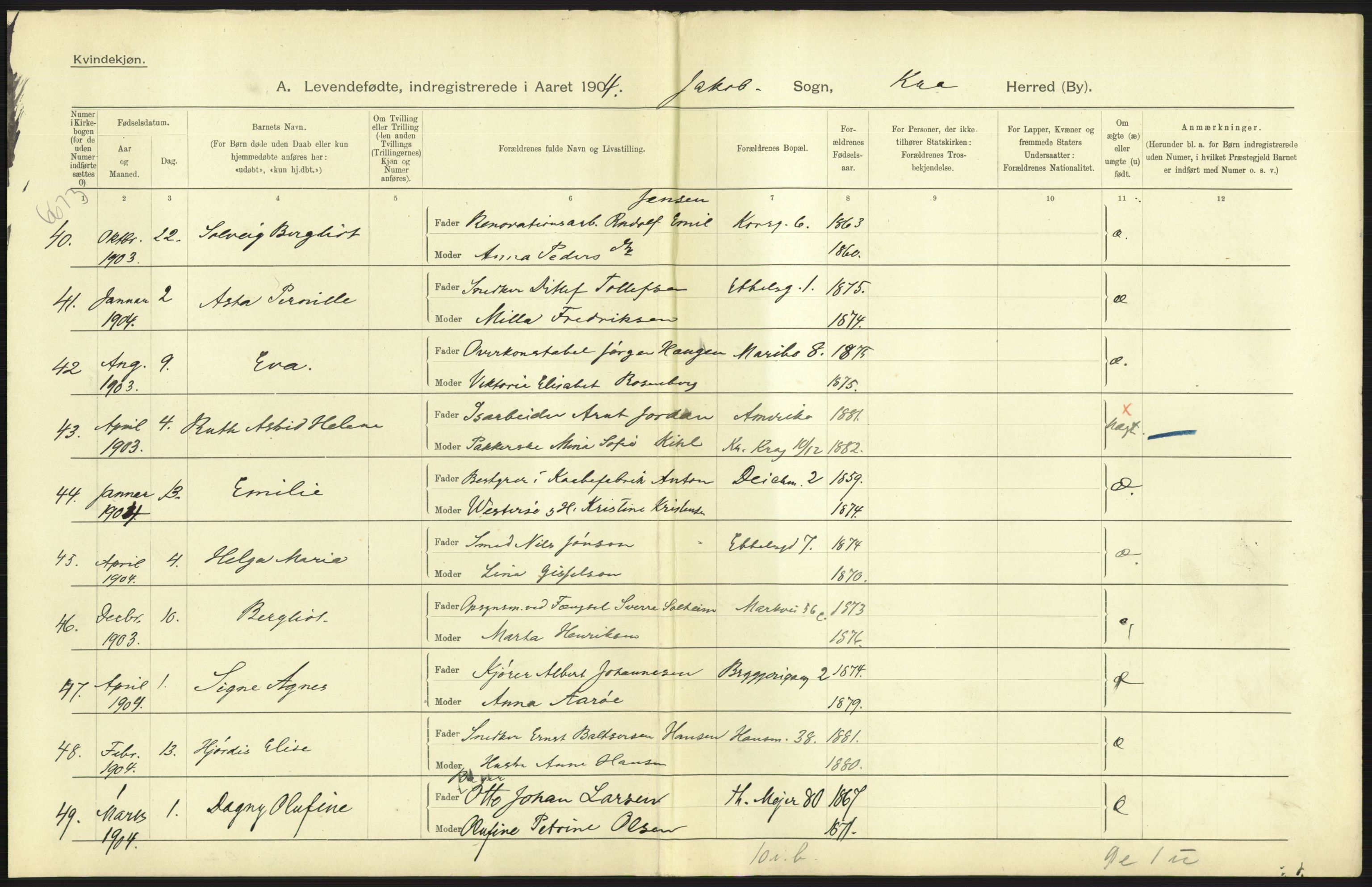 Statistisk sentralbyrå, Sosiodemografiske emner, Befolkning, AV/RA-S-2228/D/Df/Dfa/Dfab/L0003: Kristiania: Fødte, 1904, p. 17