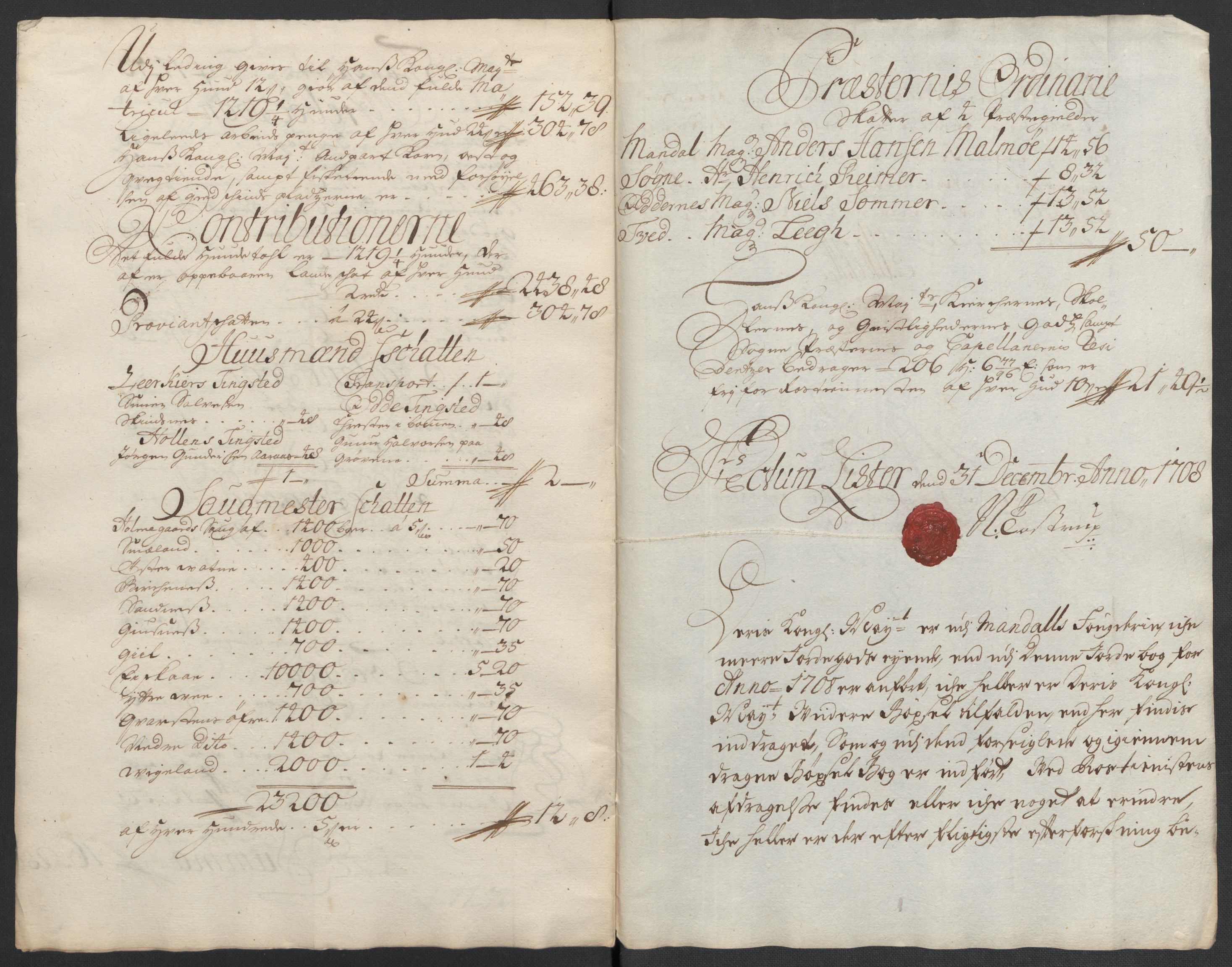 Rentekammeret inntil 1814, Reviderte regnskaper, Fogderegnskap, RA/EA-4092/R43/L2552: Fogderegnskap Lista og Mandal, 1705-1709, p. 76