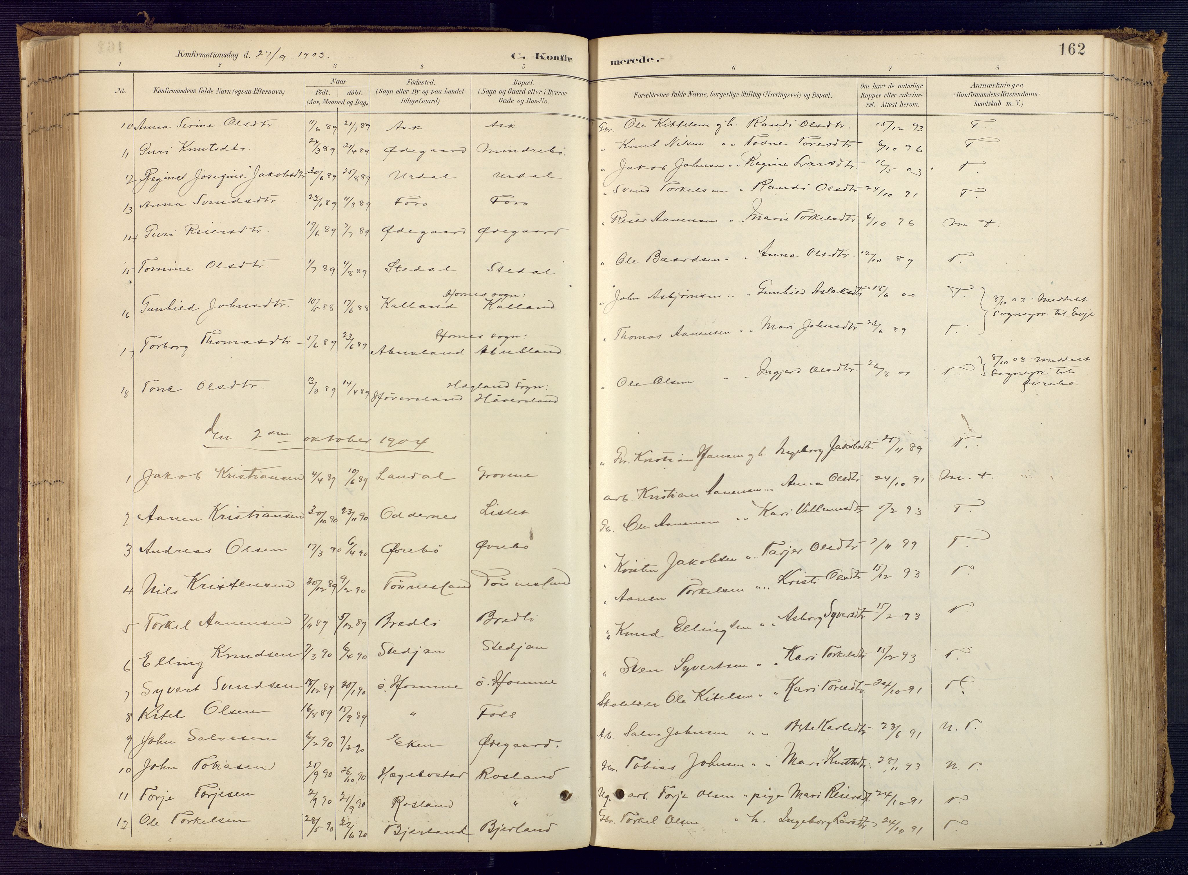 Bjelland sokneprestkontor, SAK/1111-0005/F/Fa/Faa/L0004: Parish register (official) no. A 4, 1887-1923, p. 162