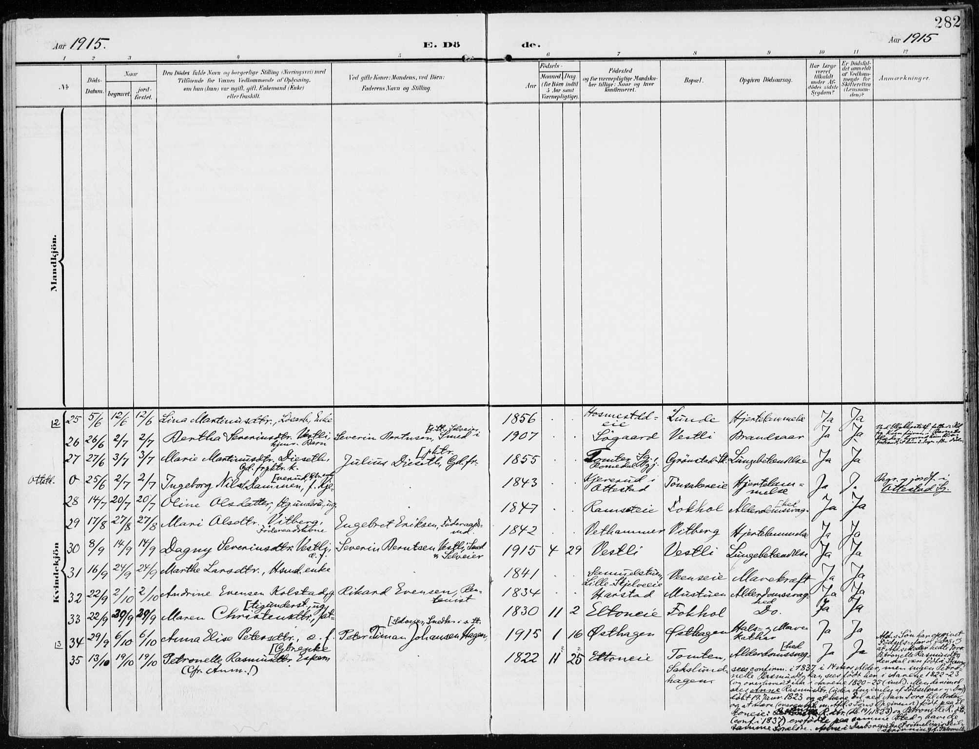 Stange prestekontor, AV/SAH-PREST-002/K/L0024: Parish register (official) no. 24, 1906-1922, p. 282