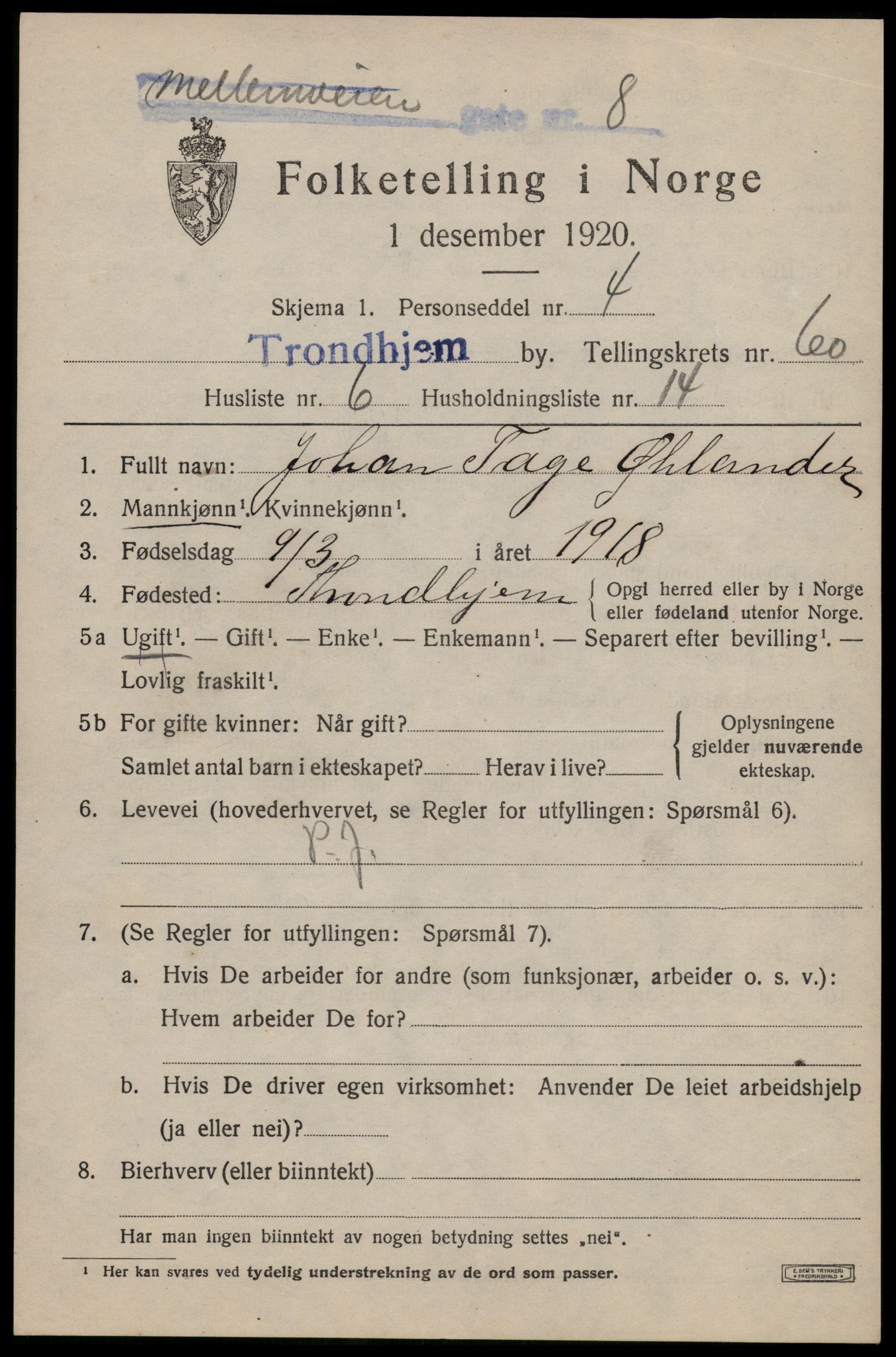 SAT, 1920 census for Trondheim, 1920, p. 121290