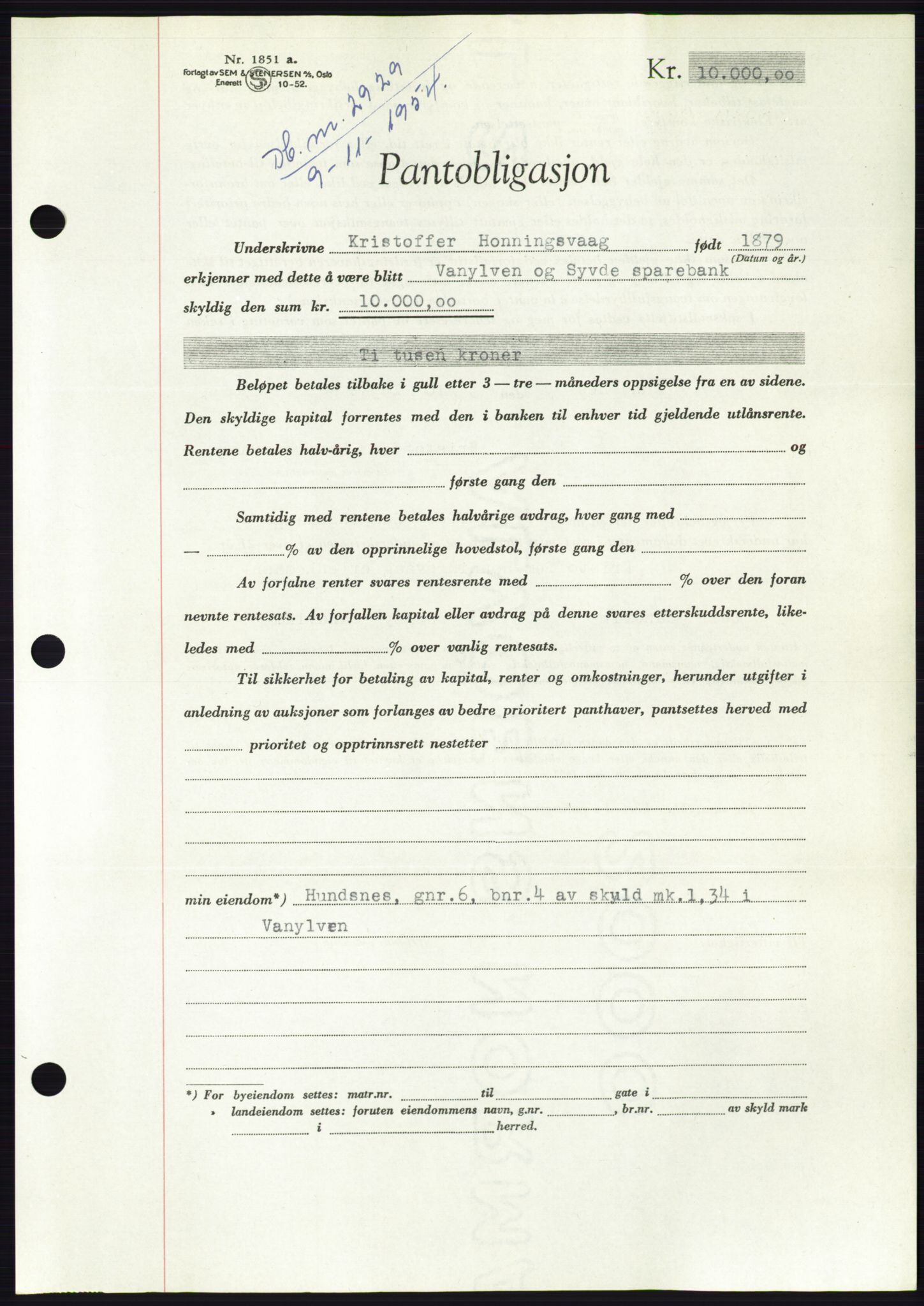Søre Sunnmøre sorenskriveri, AV/SAT-A-4122/1/2/2C/L0126: Mortgage book no. 14B, 1954-1955, Diary no: : 2929/1954