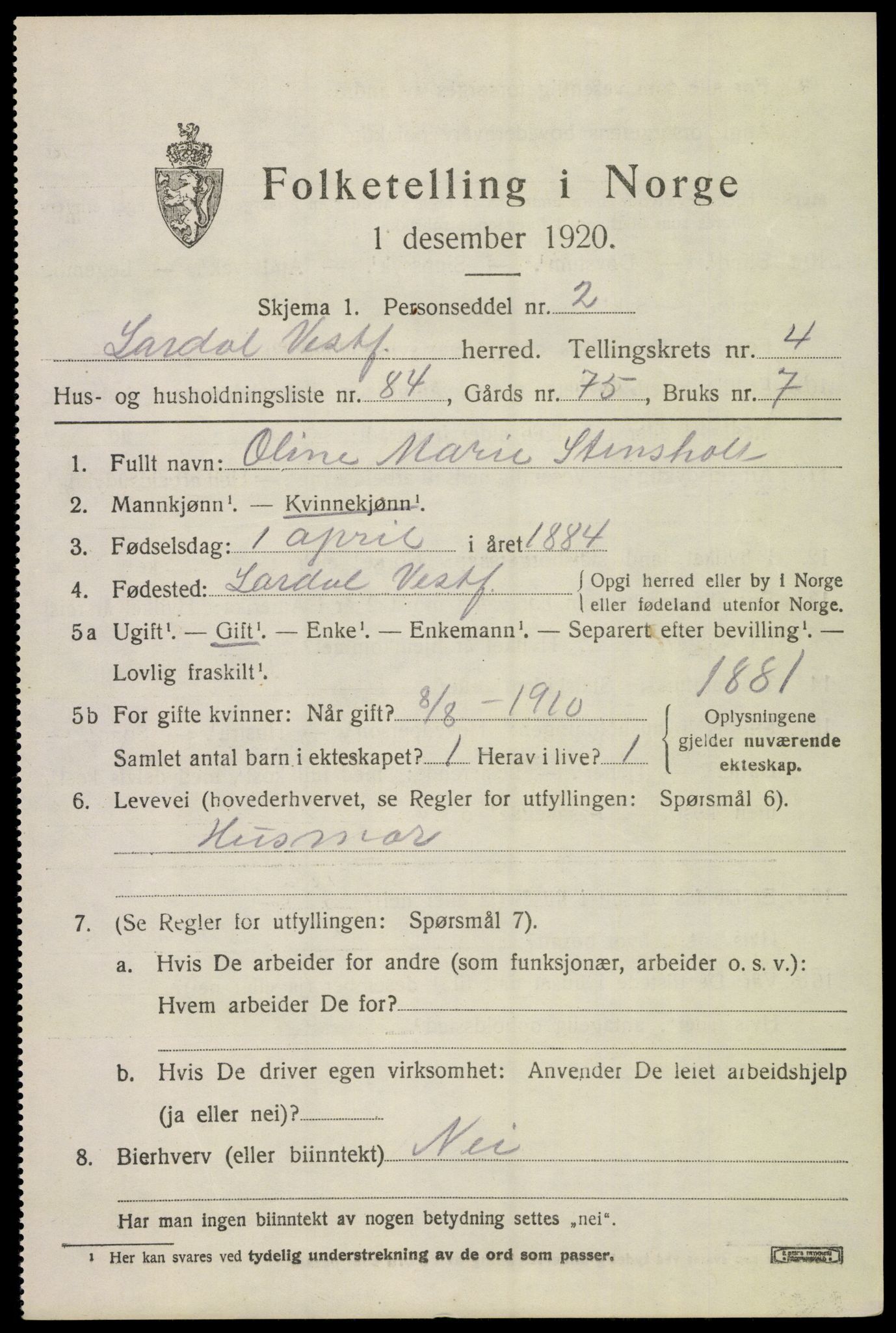 SAKO, 1920 census for Lardal, 1920, p. 4471