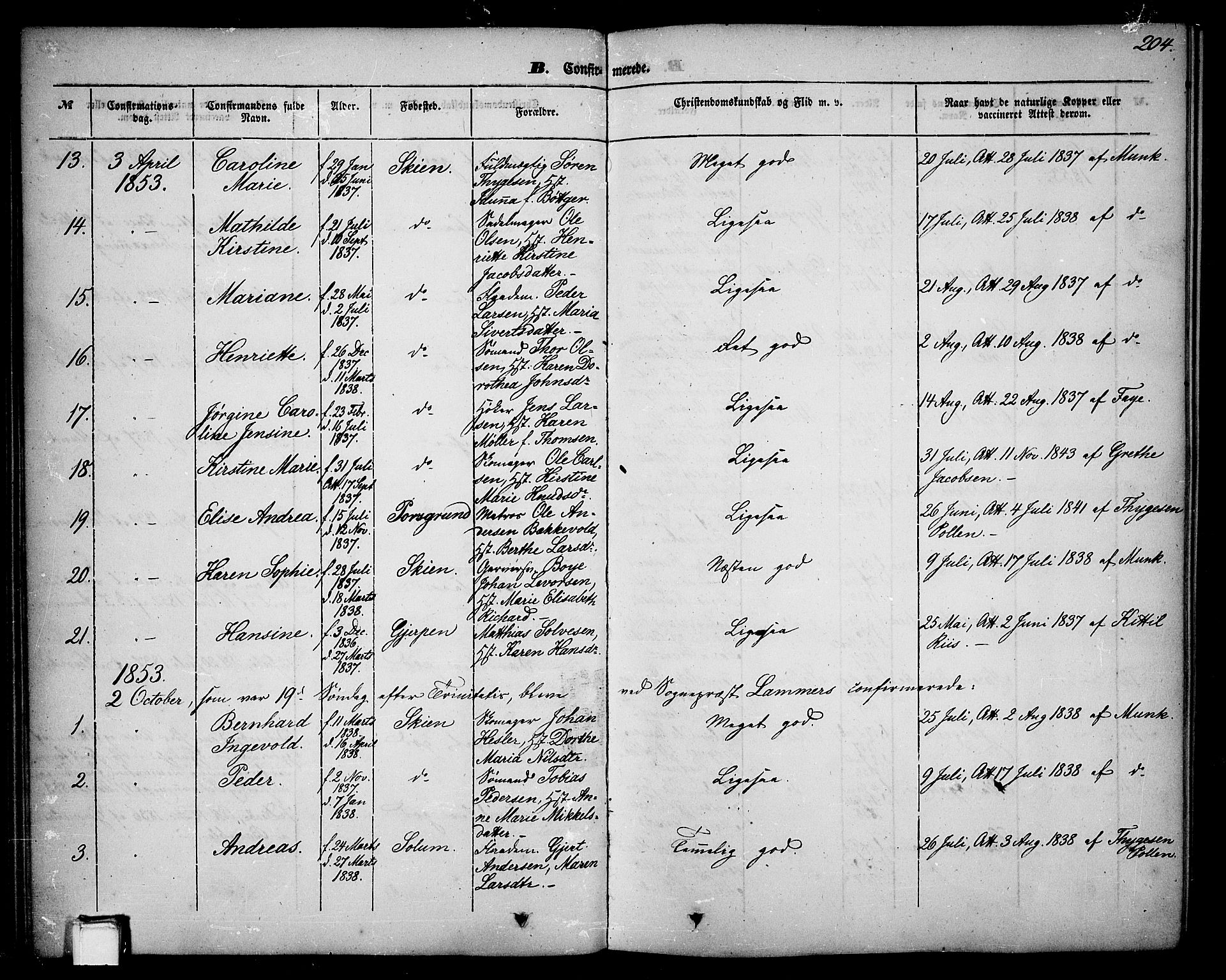 Skien kirkebøker, AV/SAKO-A-302/G/Ga/L0004: Parish register (copy) no. 4, 1843-1867, p. 204