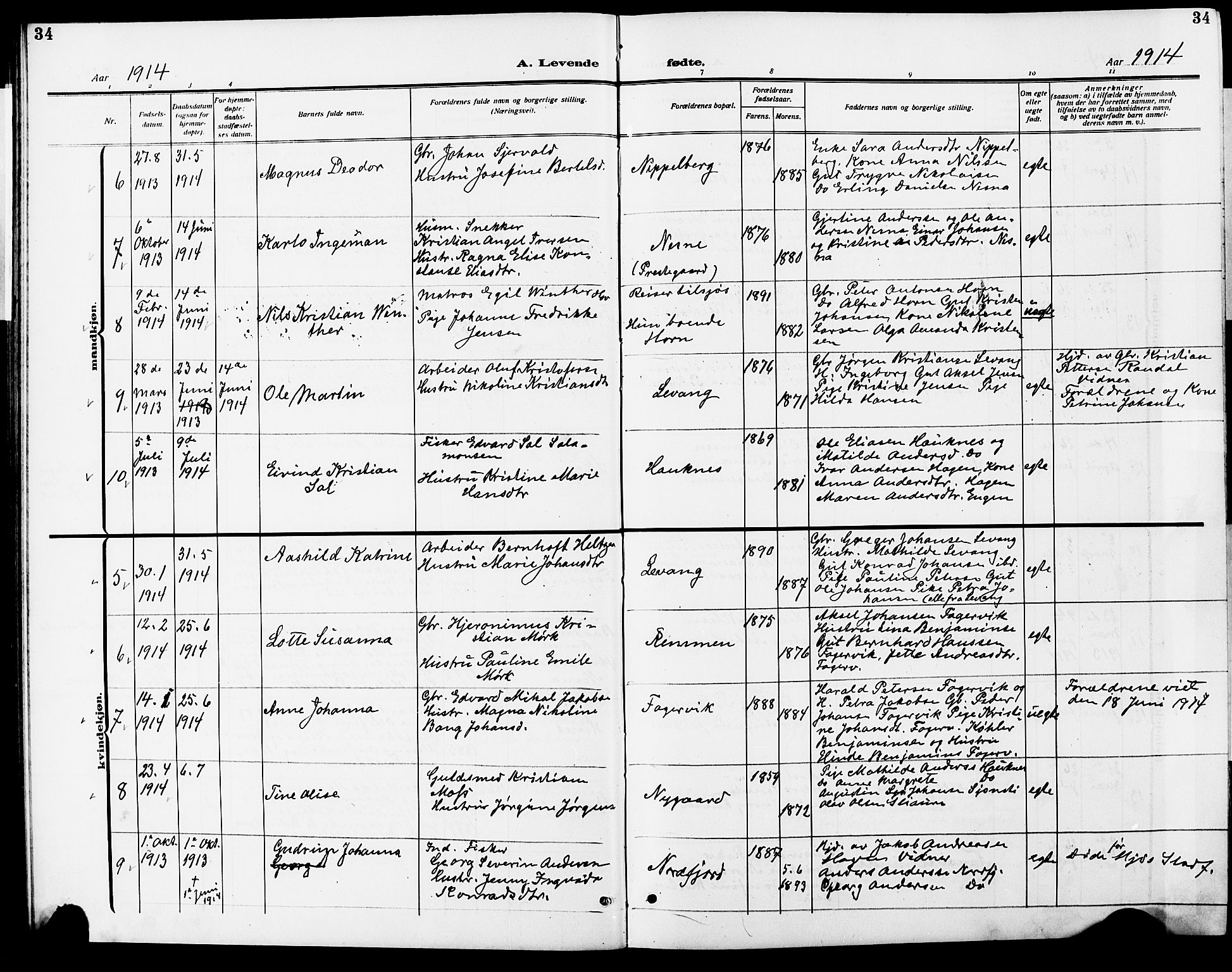 Ministerialprotokoller, klokkerbøker og fødselsregistre - Nordland, AV/SAT-A-1459/838/L0560: Parish register (copy) no. 838C07, 1910-1928, p. 34