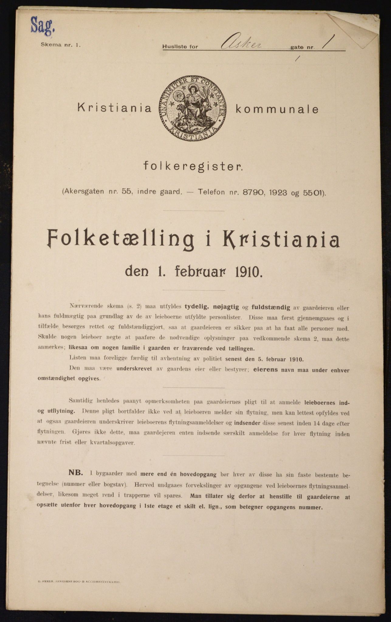 OBA, Municipal Census 1910 for Kristiania, 1910, p. 2309