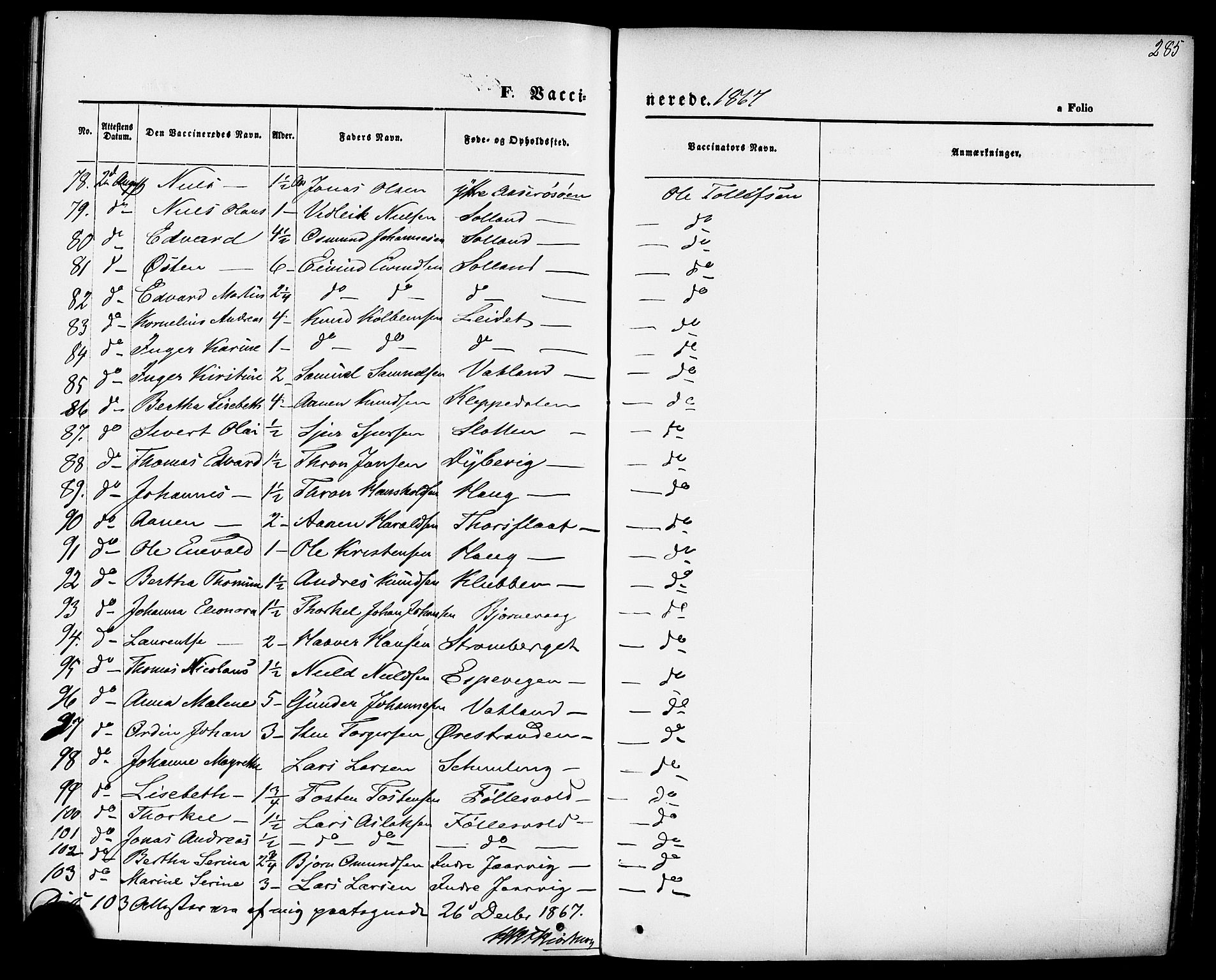 Jelsa sokneprestkontor, AV/SAST-A-101842/01/IV: Parish register (official) no. A 8, 1867-1883, p. 285