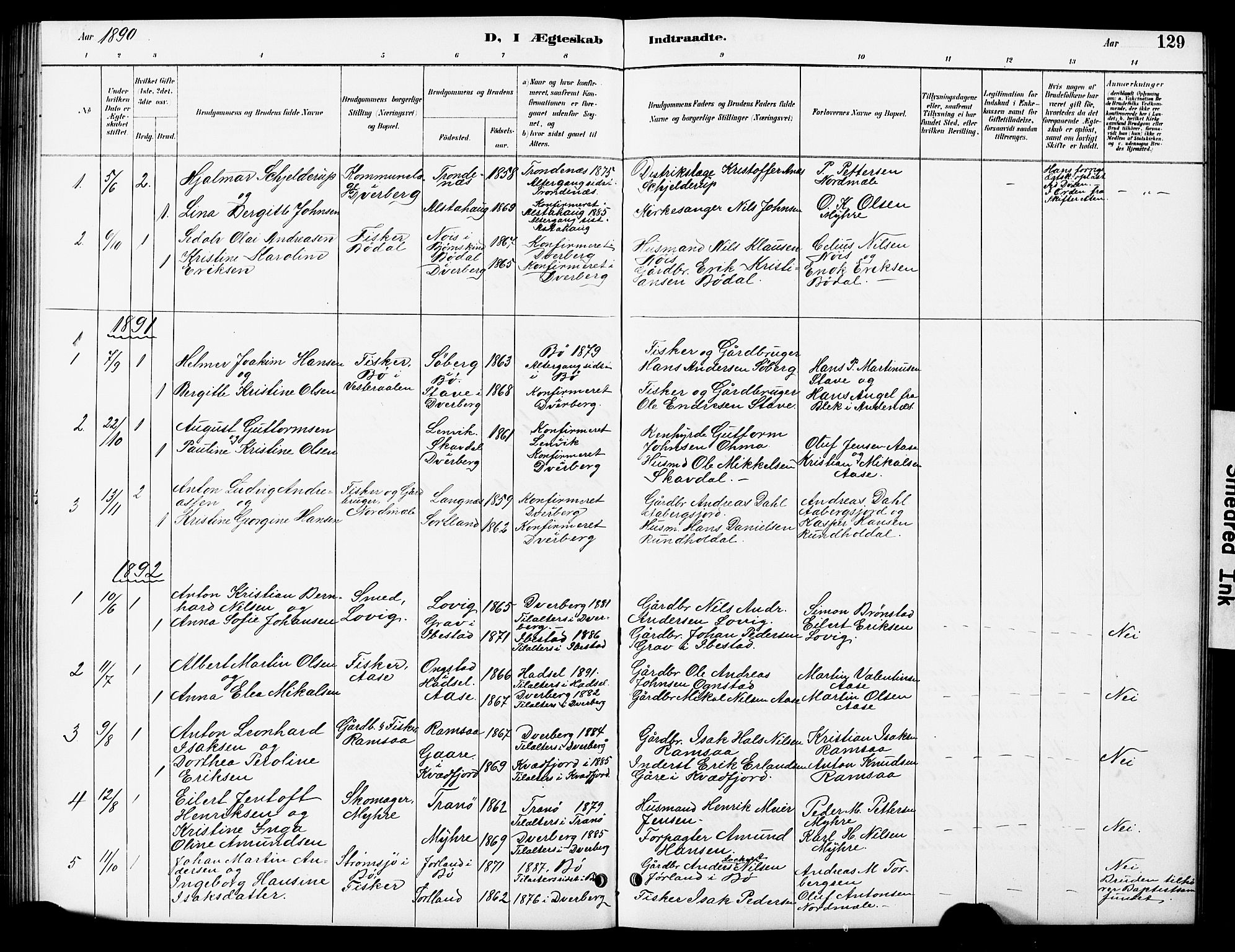 Ministerialprotokoller, klokkerbøker og fødselsregistre - Nordland, AV/SAT-A-1459/897/L1413: Parish register (copy) no. 897C03, 1887-1903, p. 129