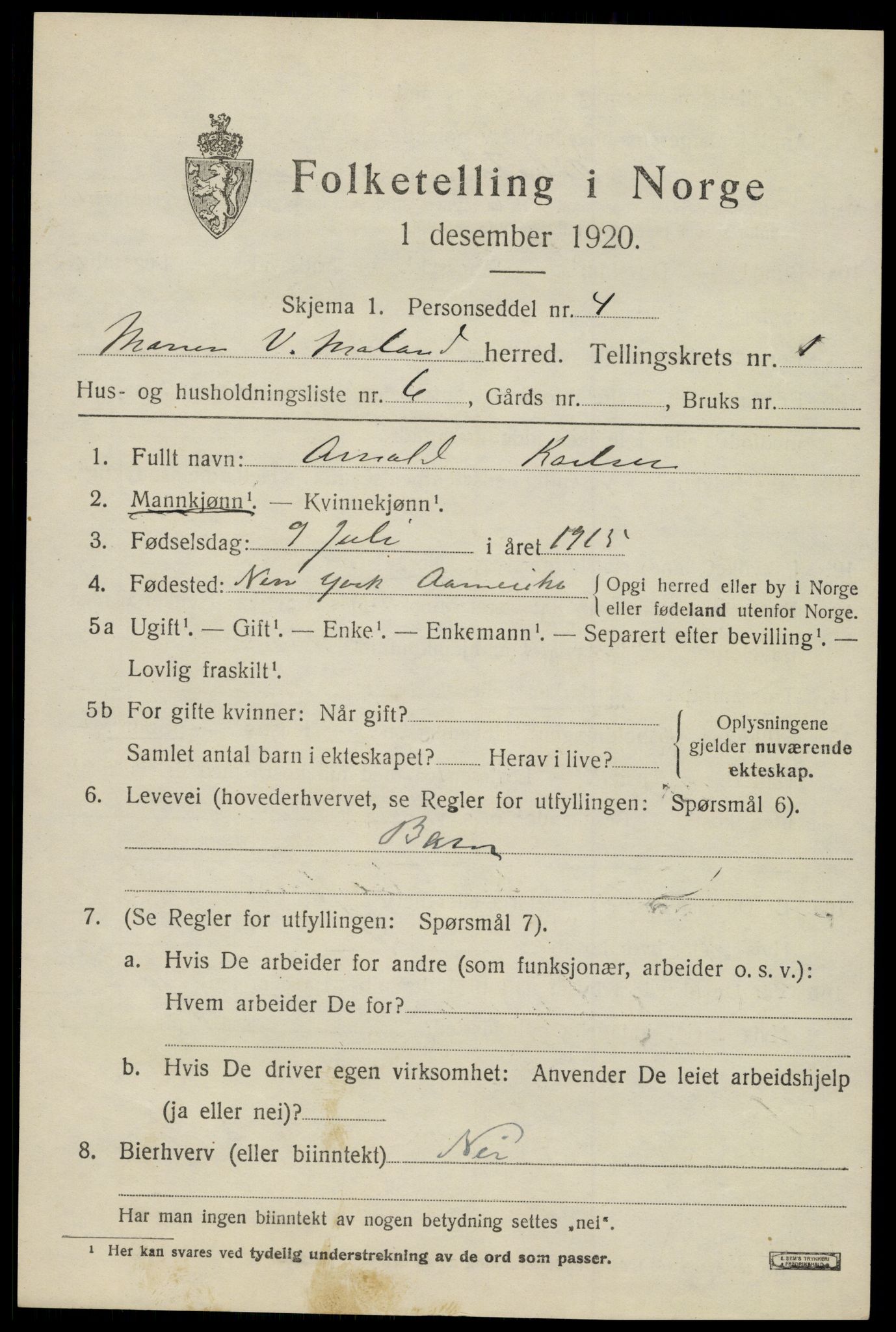 SAK, 1920 census for Vestre Moland, 1920, p. 1097