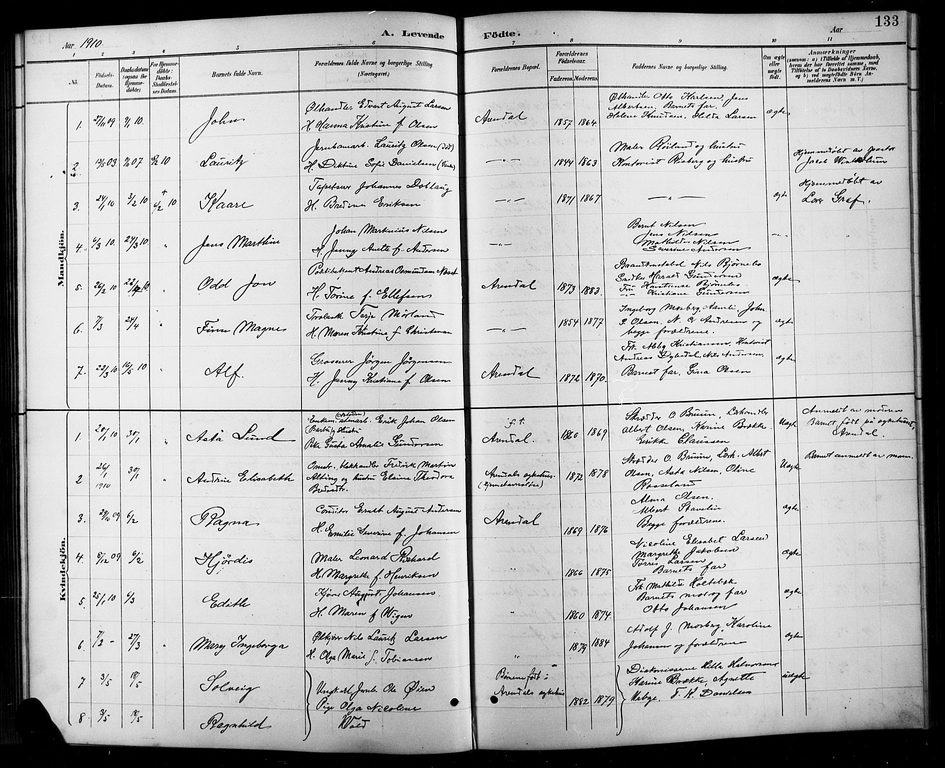 Arendal sokneprestkontor, Trefoldighet, SAK/1111-0040/F/Fb/L0006: Parish register (copy) no. B 6, 1889-1916, p. 133