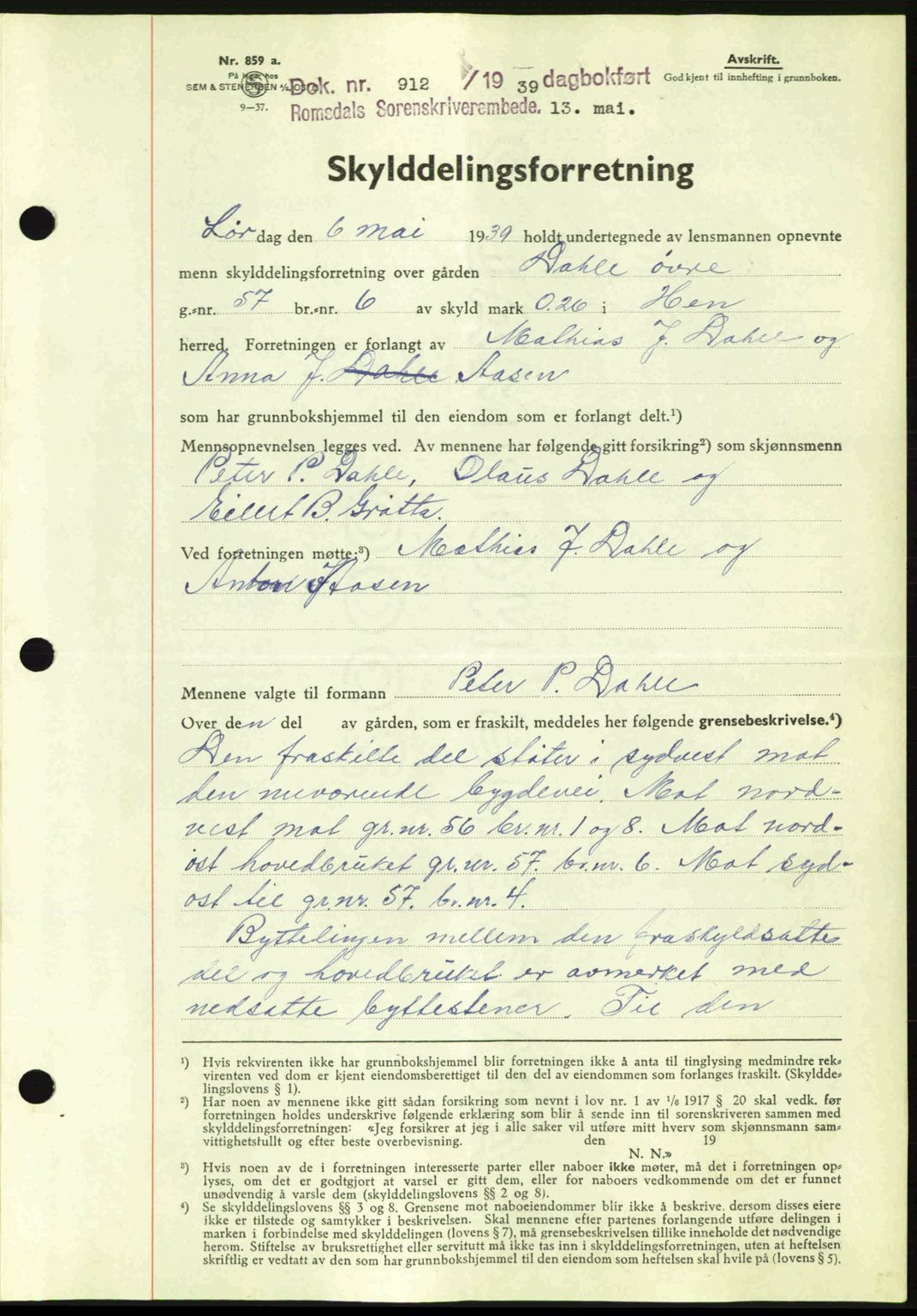 Romsdal sorenskriveri, AV/SAT-A-4149/1/2/2C: Mortgage book no. A6, 1938-1939, Diary no: : 912/1939