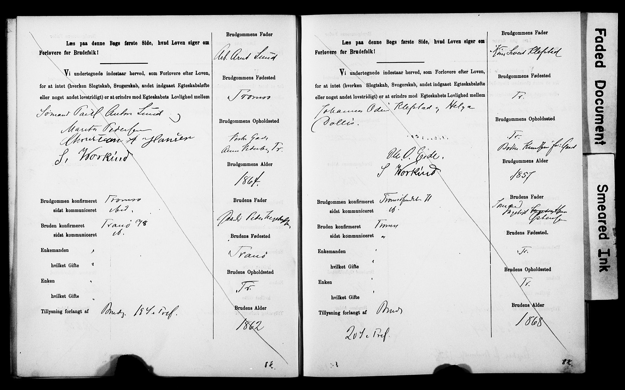 Tromsø sokneprestkontor/stiftsprosti/domprosti, AV/SATØ-S-1343/H/Hc/L0099/0001: Banns register no. 99.1, 1886-1892