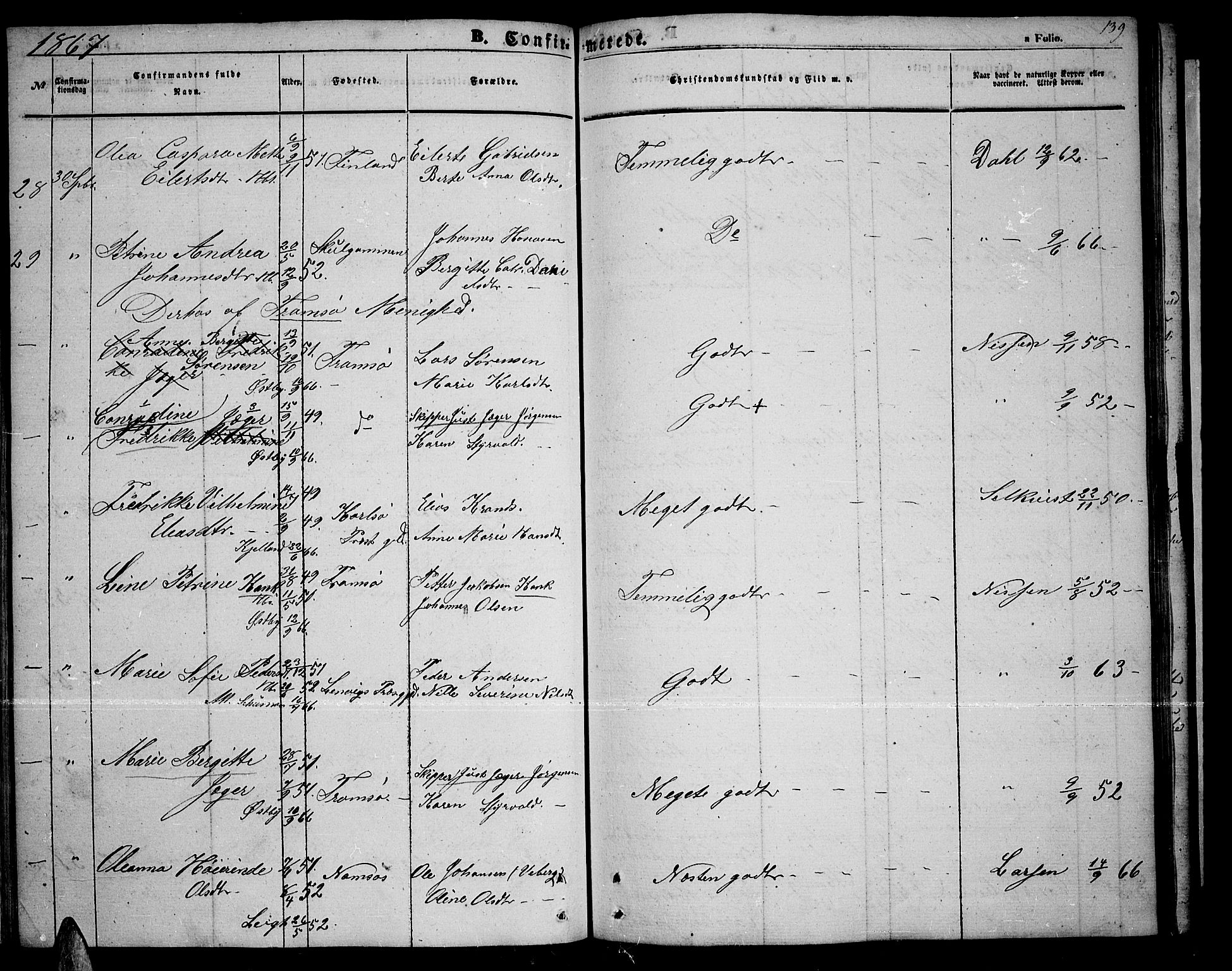 Tromsøysund sokneprestkontor, AV/SATØ-S-1304/G/Gb/L0001klokker: Parish register (copy) no. 1, 1857-1869, p. 139