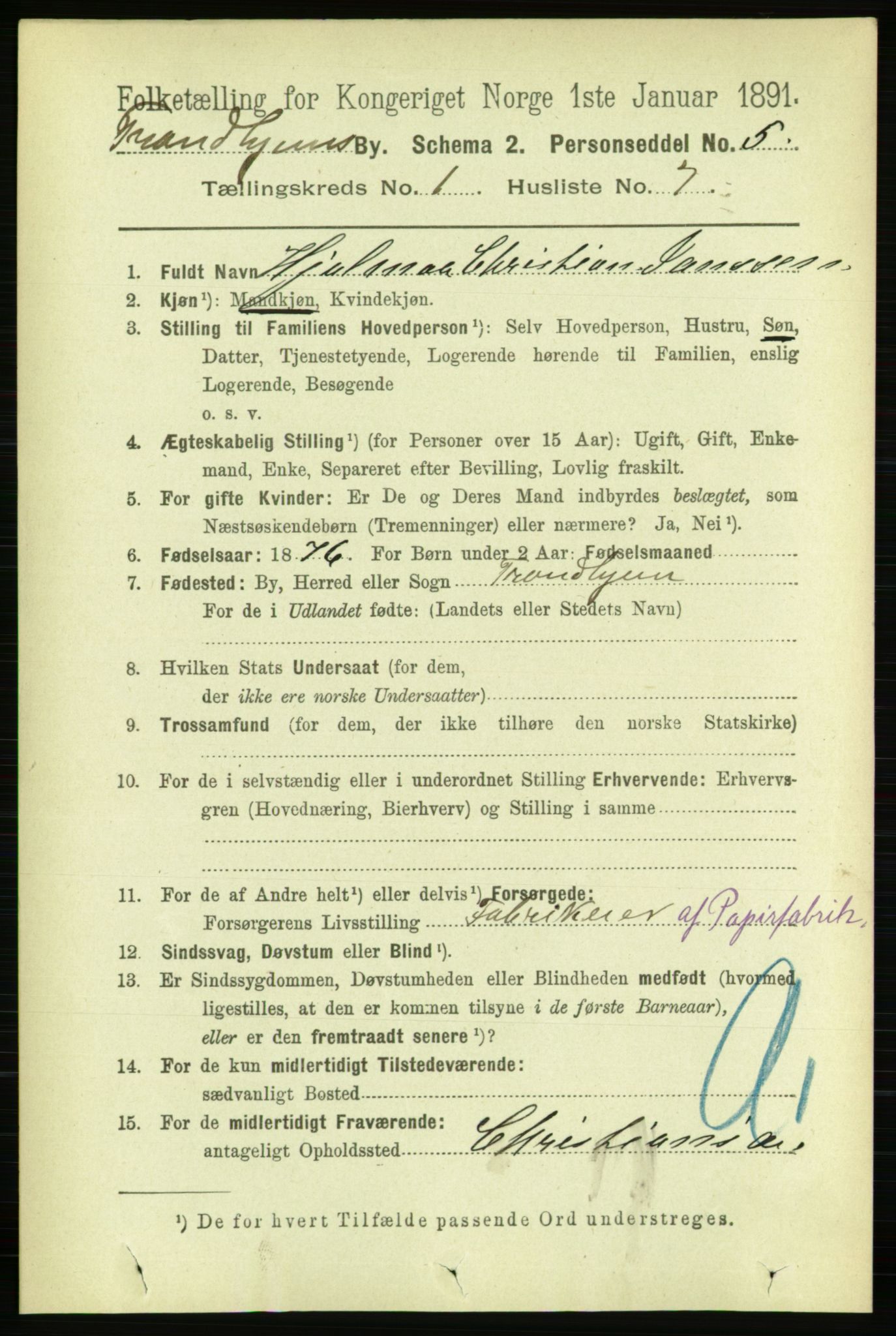 RA, 1891 census for 1601 Trondheim, 1891, p. 2685