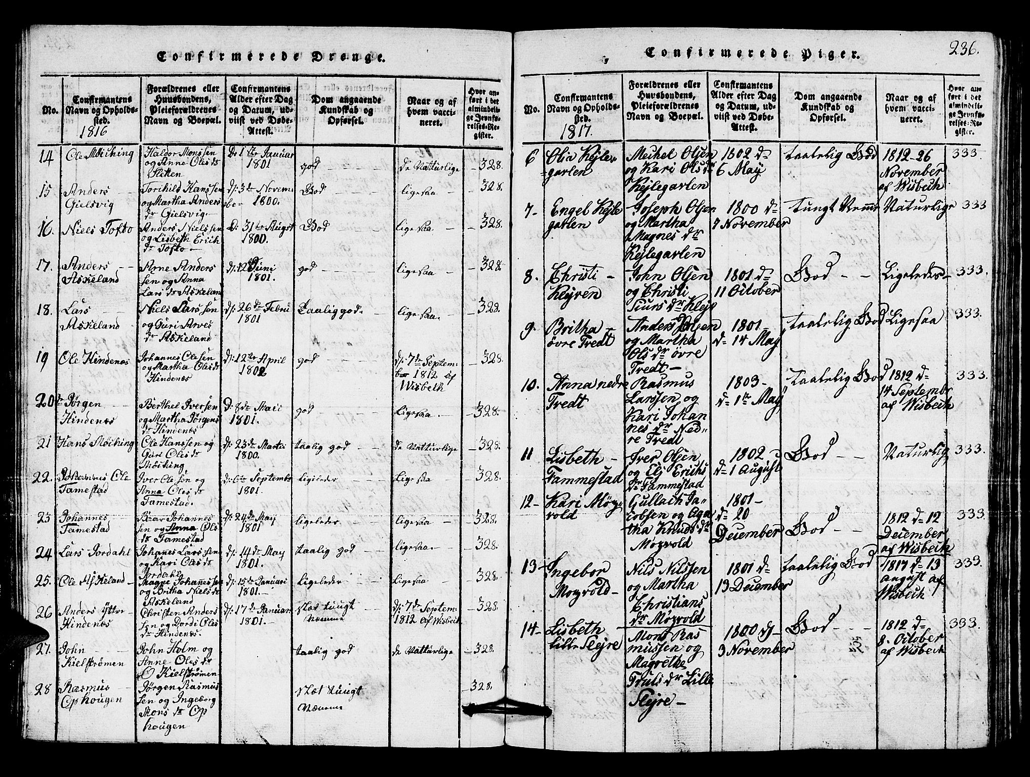 Lindås Sokneprestembete, SAB/A-76701/H/Hab: Parish register (copy) no. A 1, 1816-1823, p. 236
