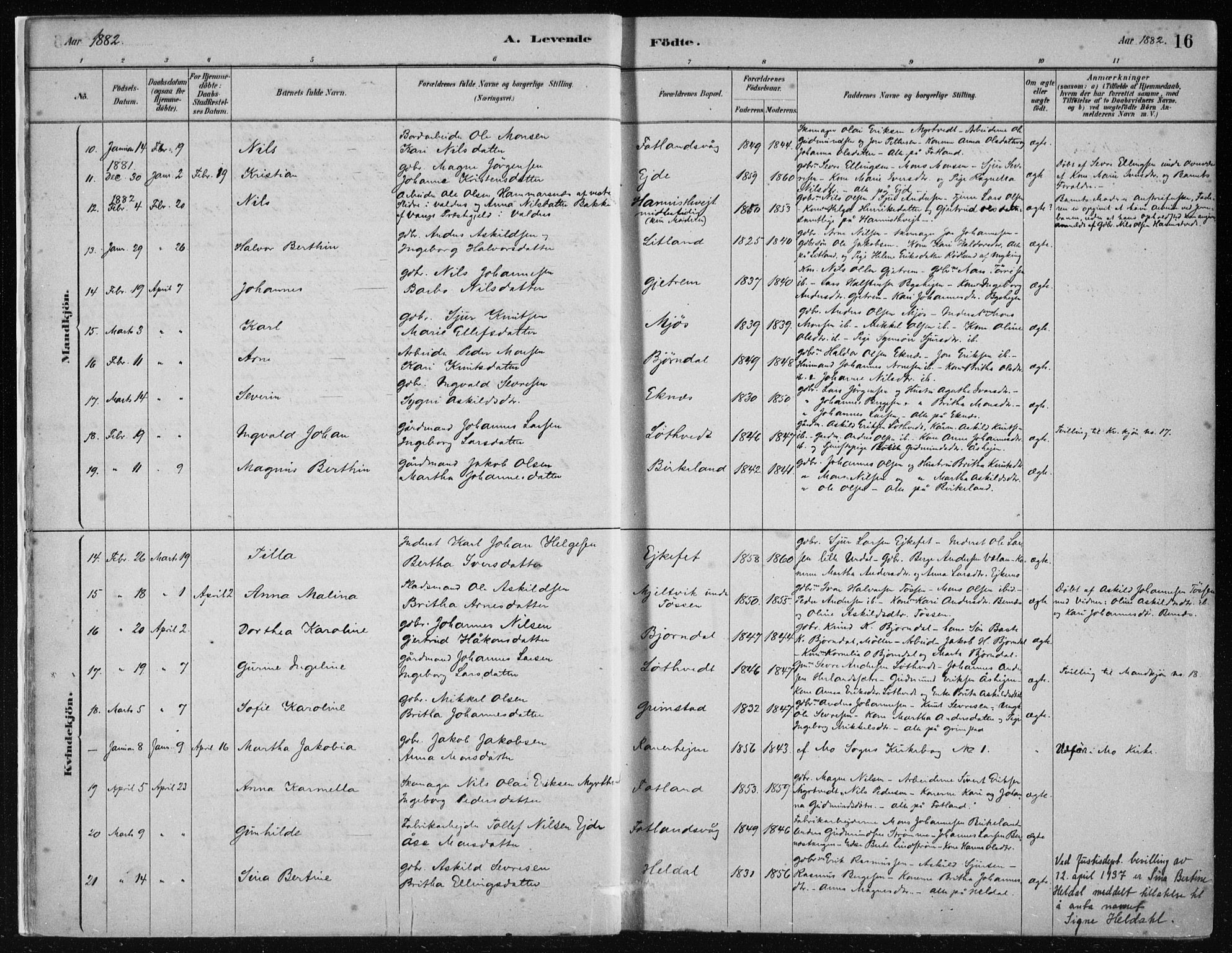 Hosanger sokneprestembete, AV/SAB-A-75801/H/Haa: Parish register (official) no. B  1, 1880-1896, p. 16