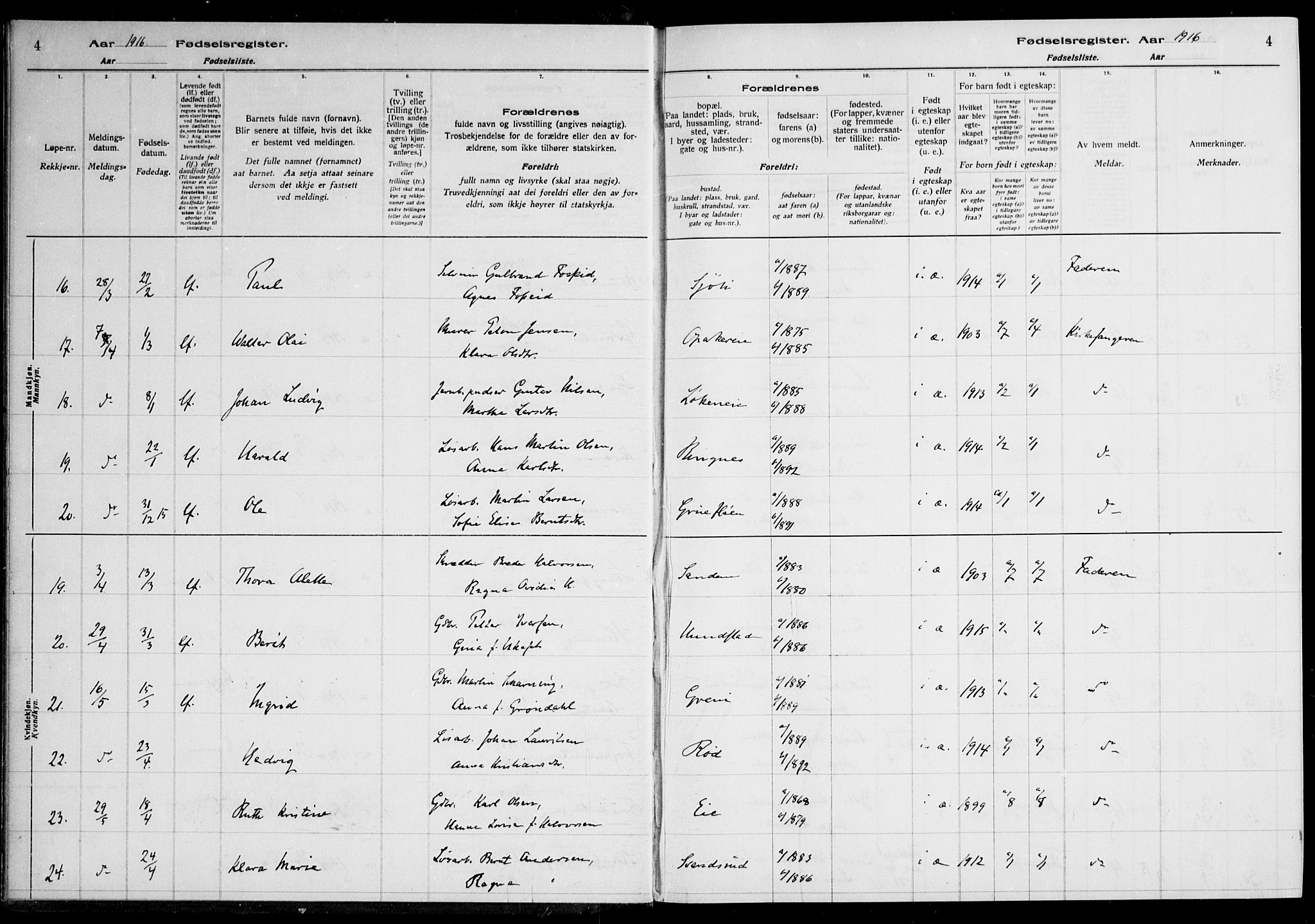 Nes prestekontor Kirkebøker, AV/SAO-A-10410/J/Ja/L0001: Birth register no. 1, 1916-1926, p. 4