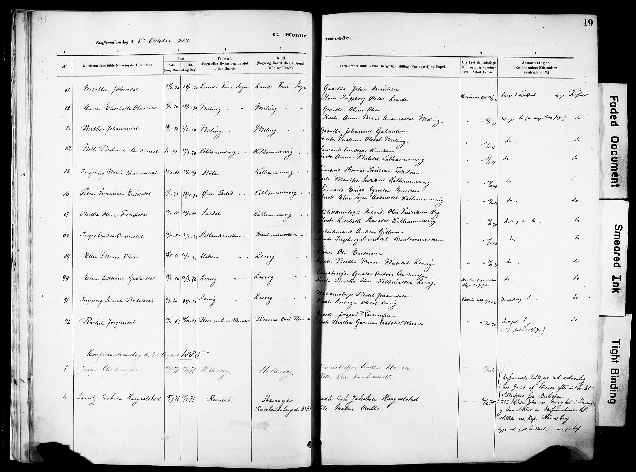 Hetland sokneprestkontor, SAST/A-101826/30/30BA/L0012: Parish register (official) no. A 12, 1882-1912, p. 19